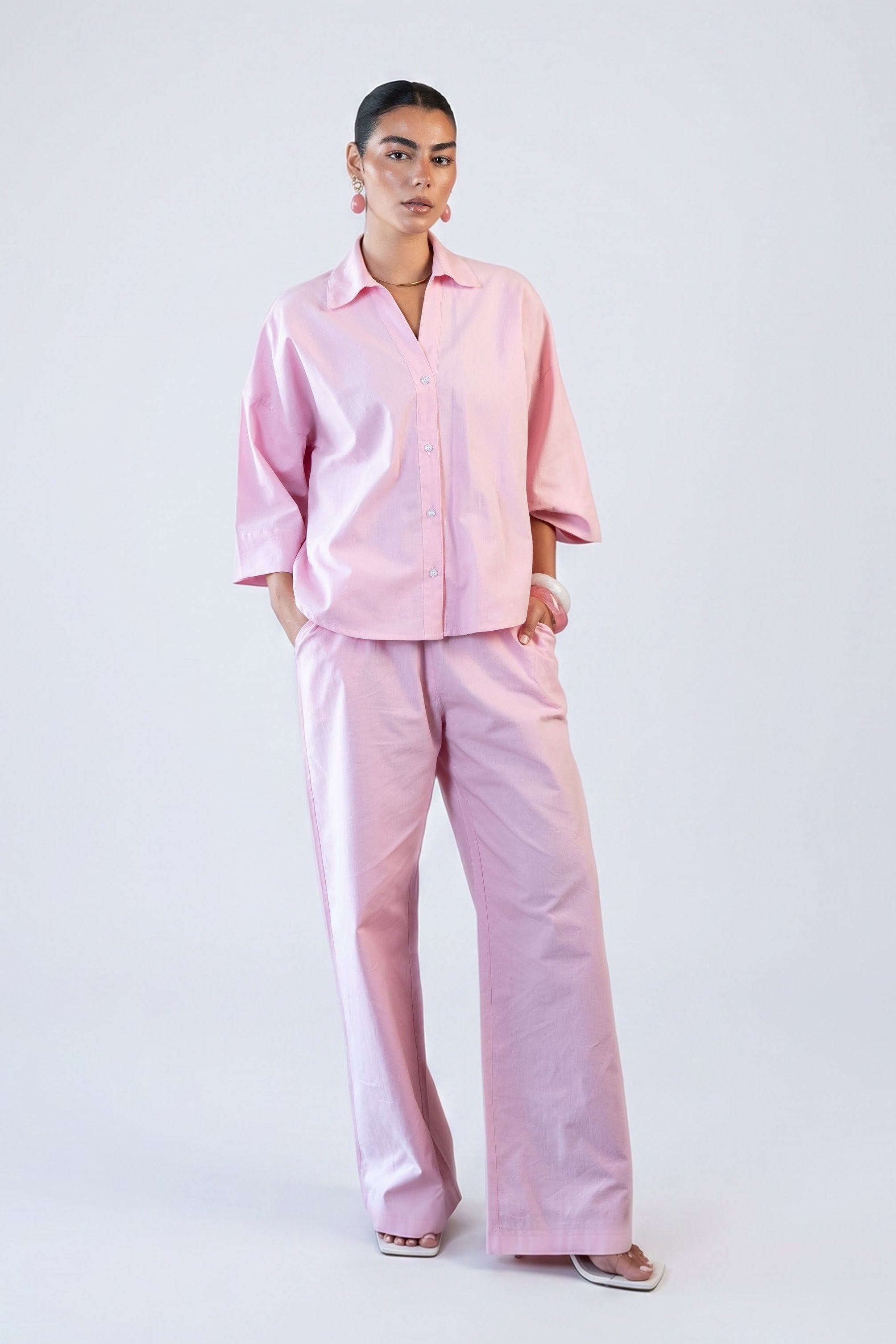 Wide Sleeve Linen Shirt - Pink