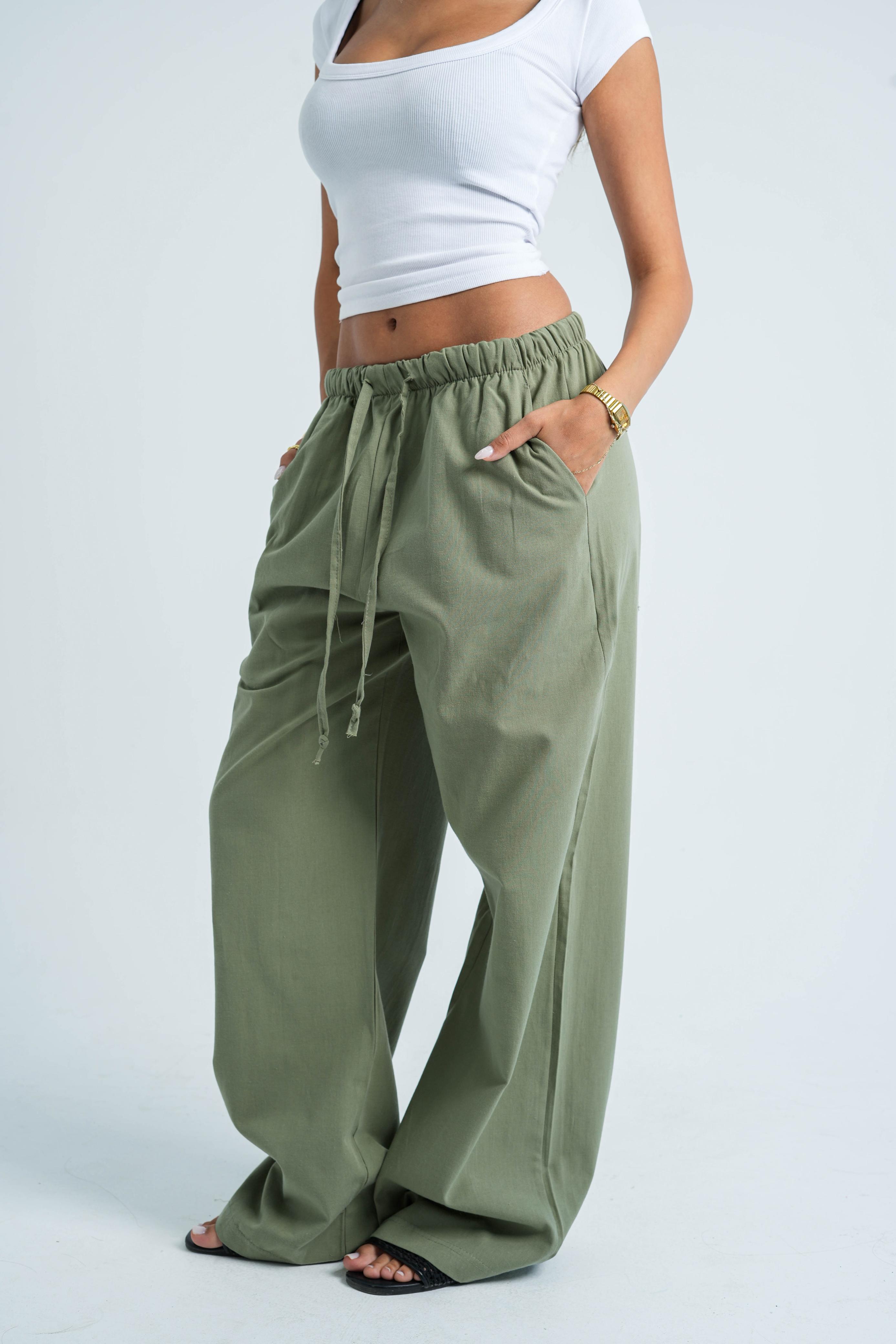Wide-Leg Linen Trousers - Olive