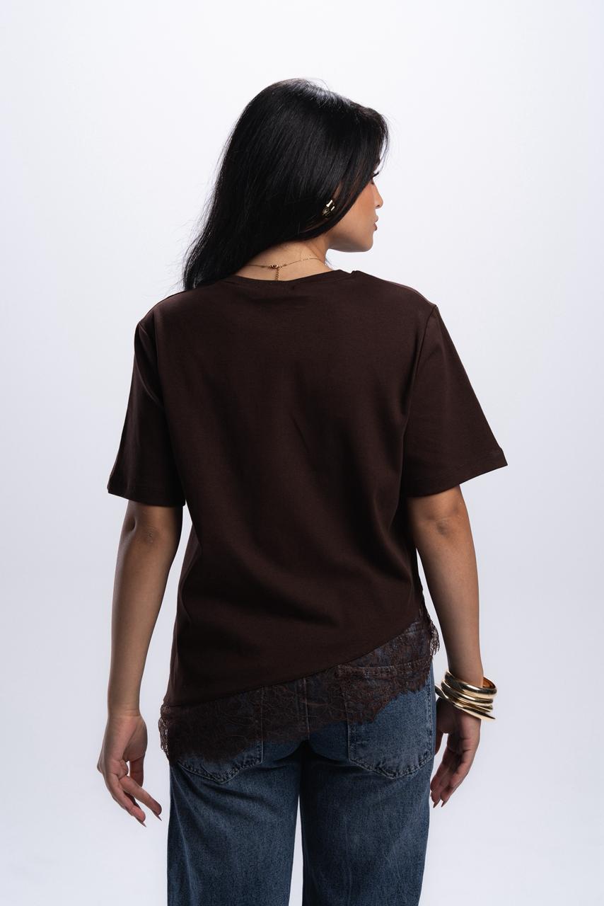 Short Sleeve Lace-Tee - Brown