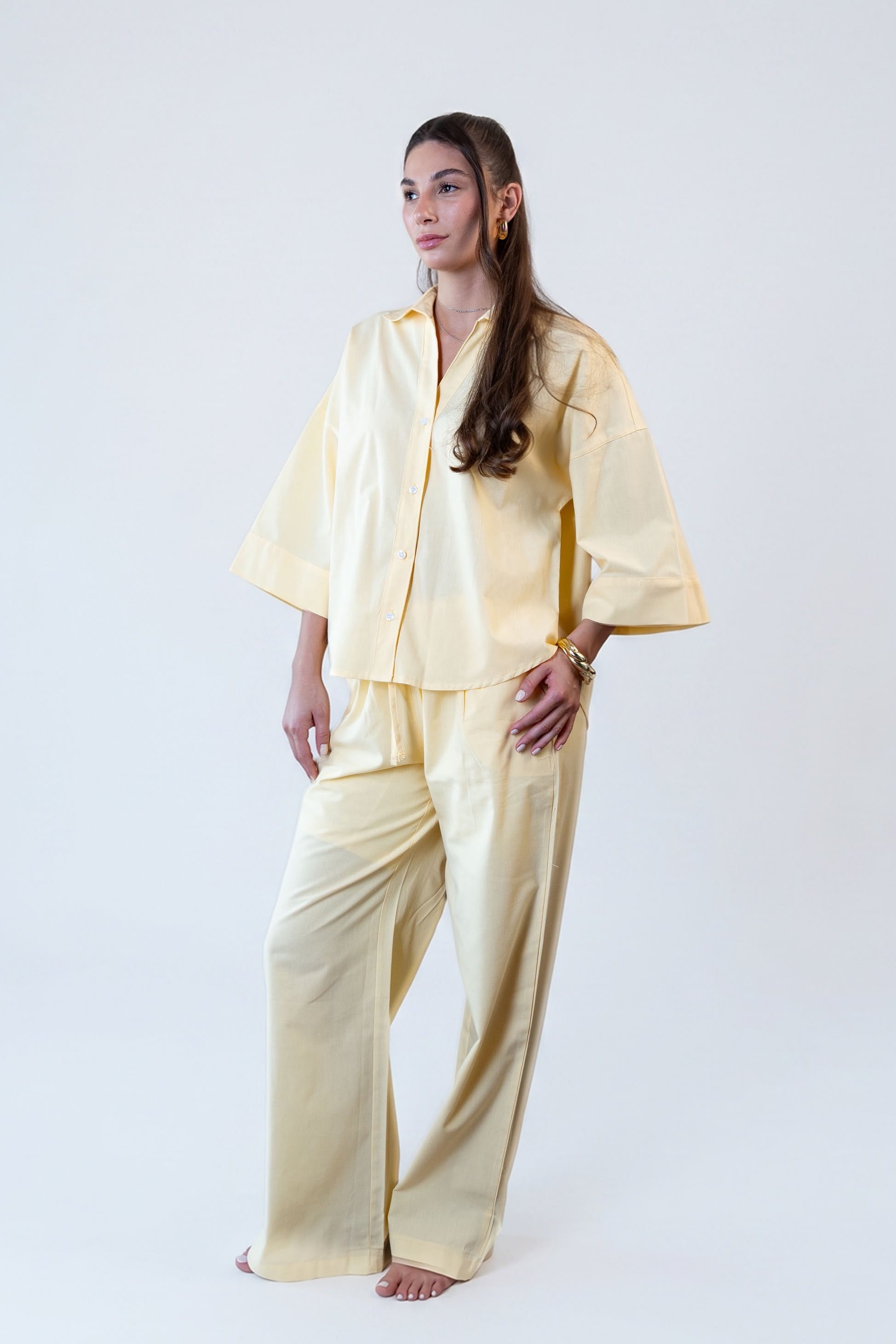 Wide Sleeve Linen Chemise -Yellow