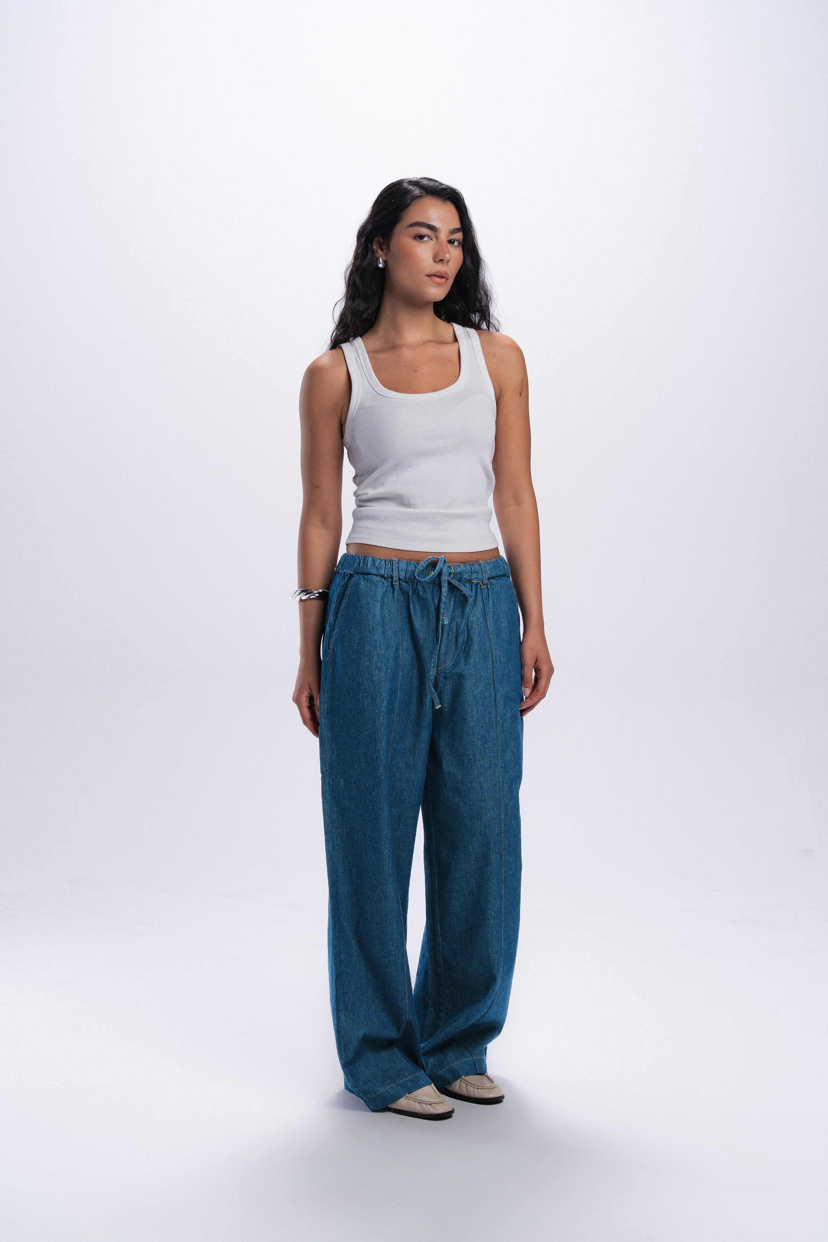 High Waist Wide Leg Denim Pants - Light Blue
