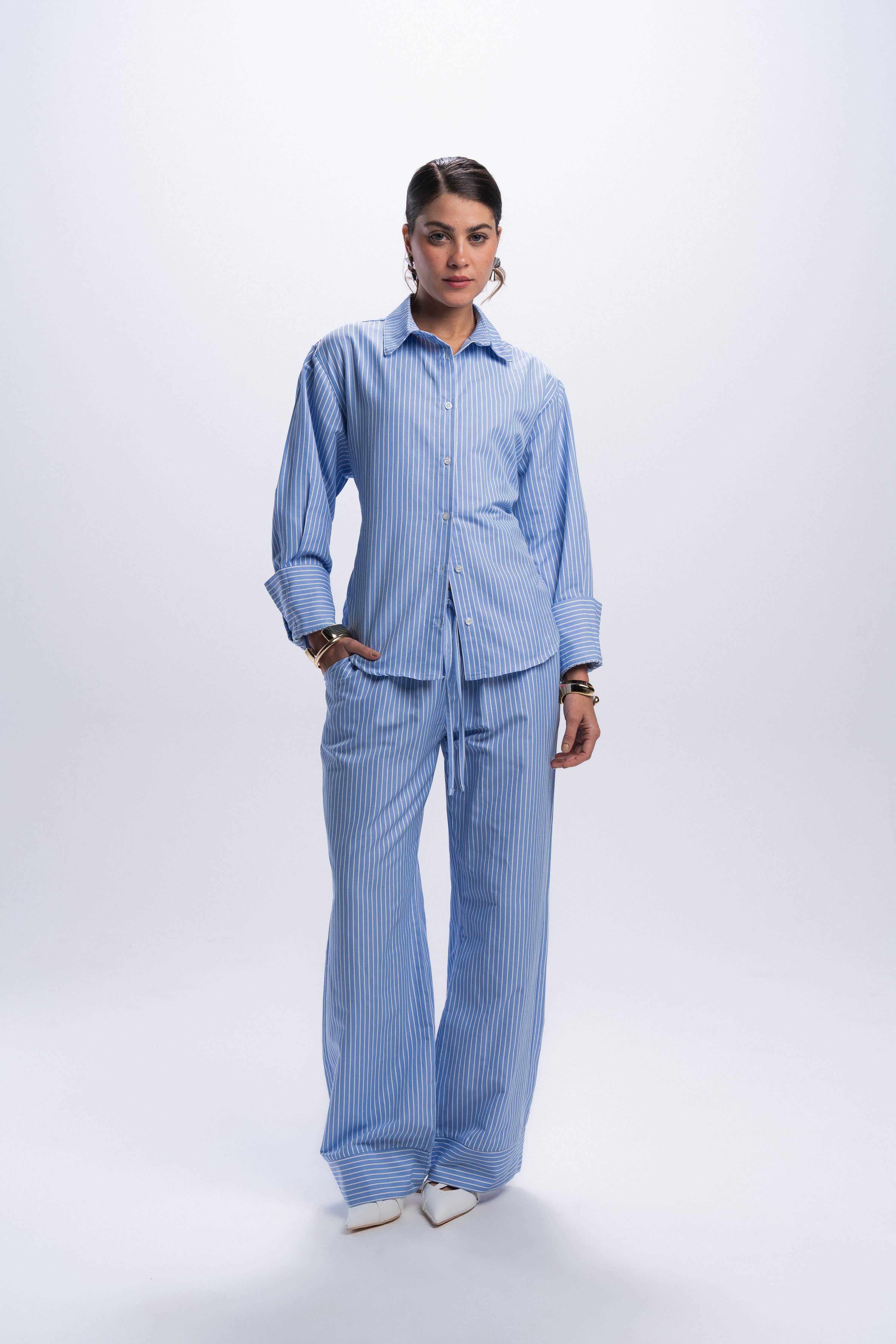 Back Tie Poplin Shirt - Blue striped
