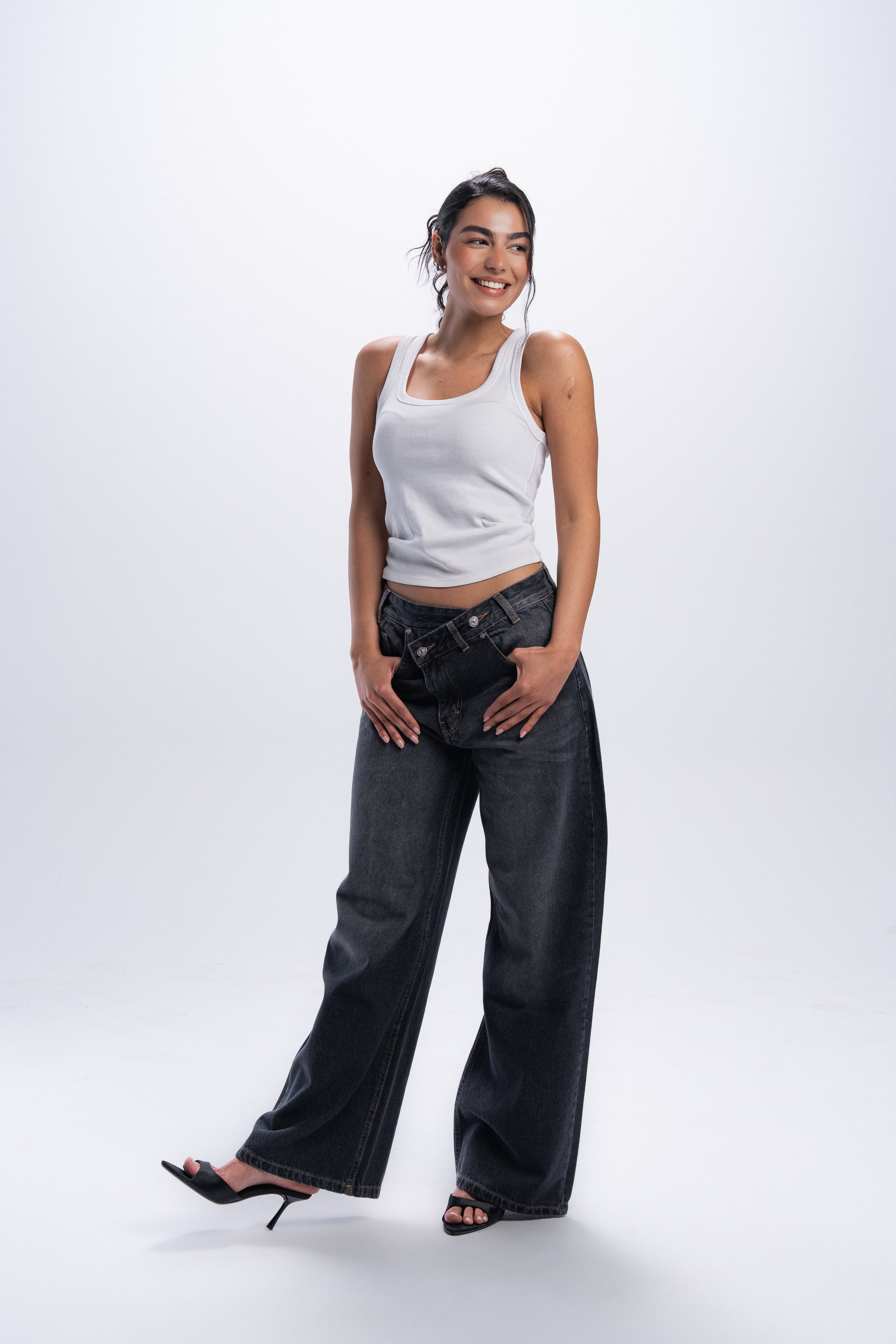 Cross-over waist wide leg jeans - Dark grey