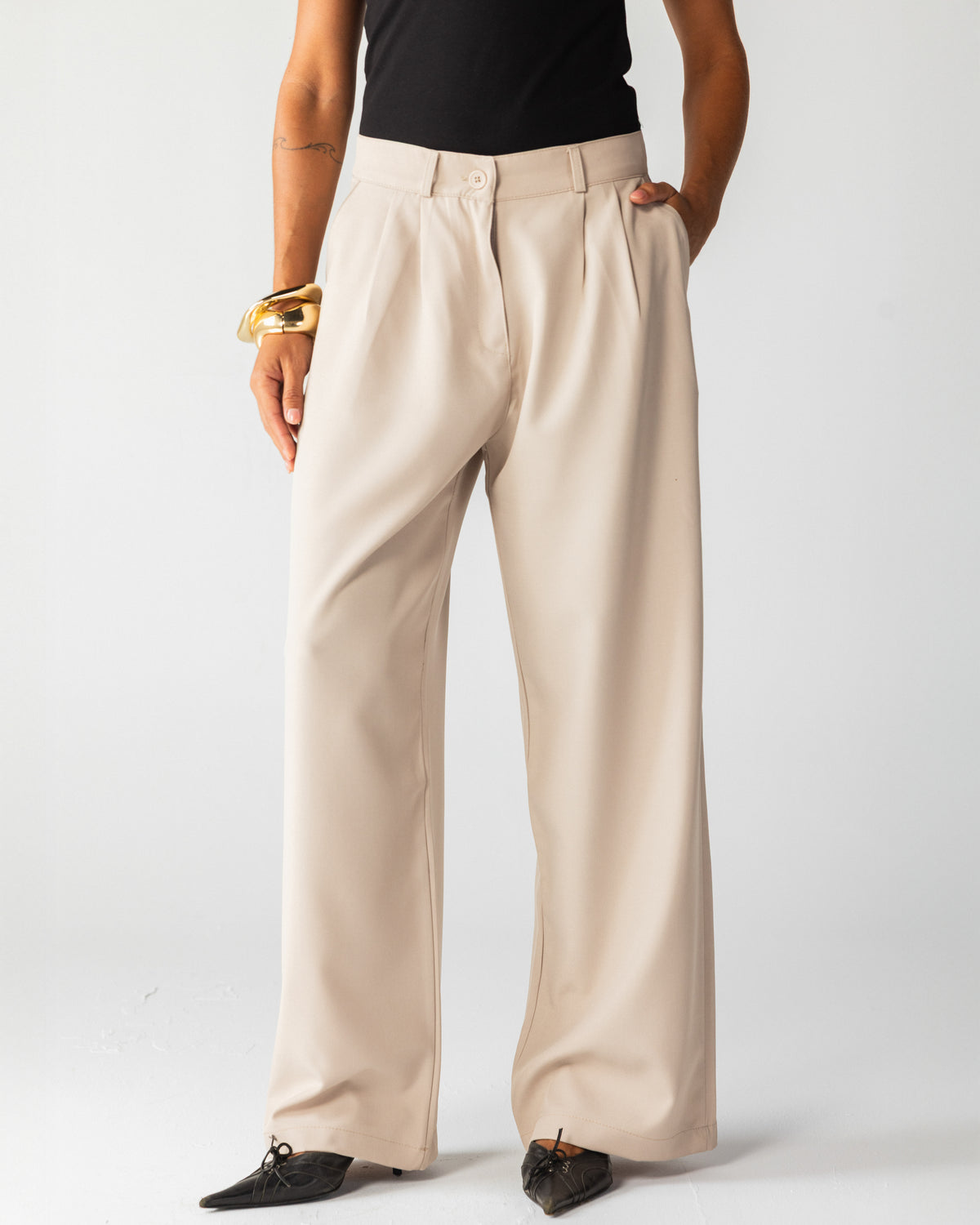 Wide Leg Tailored Pants- Beige