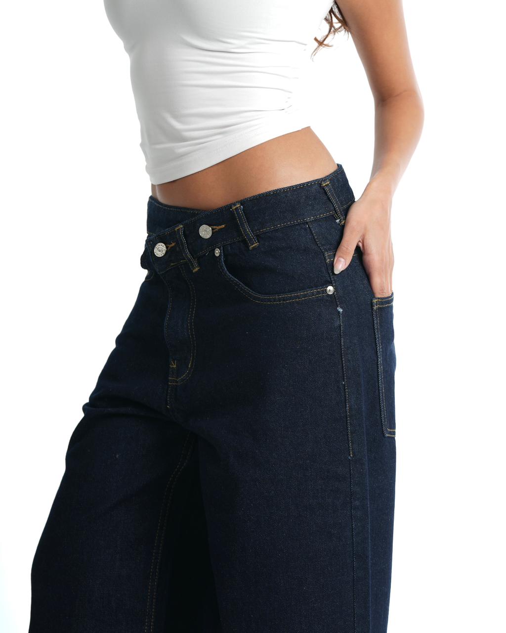 Cross-over waist wide leg jeans - Dark blue