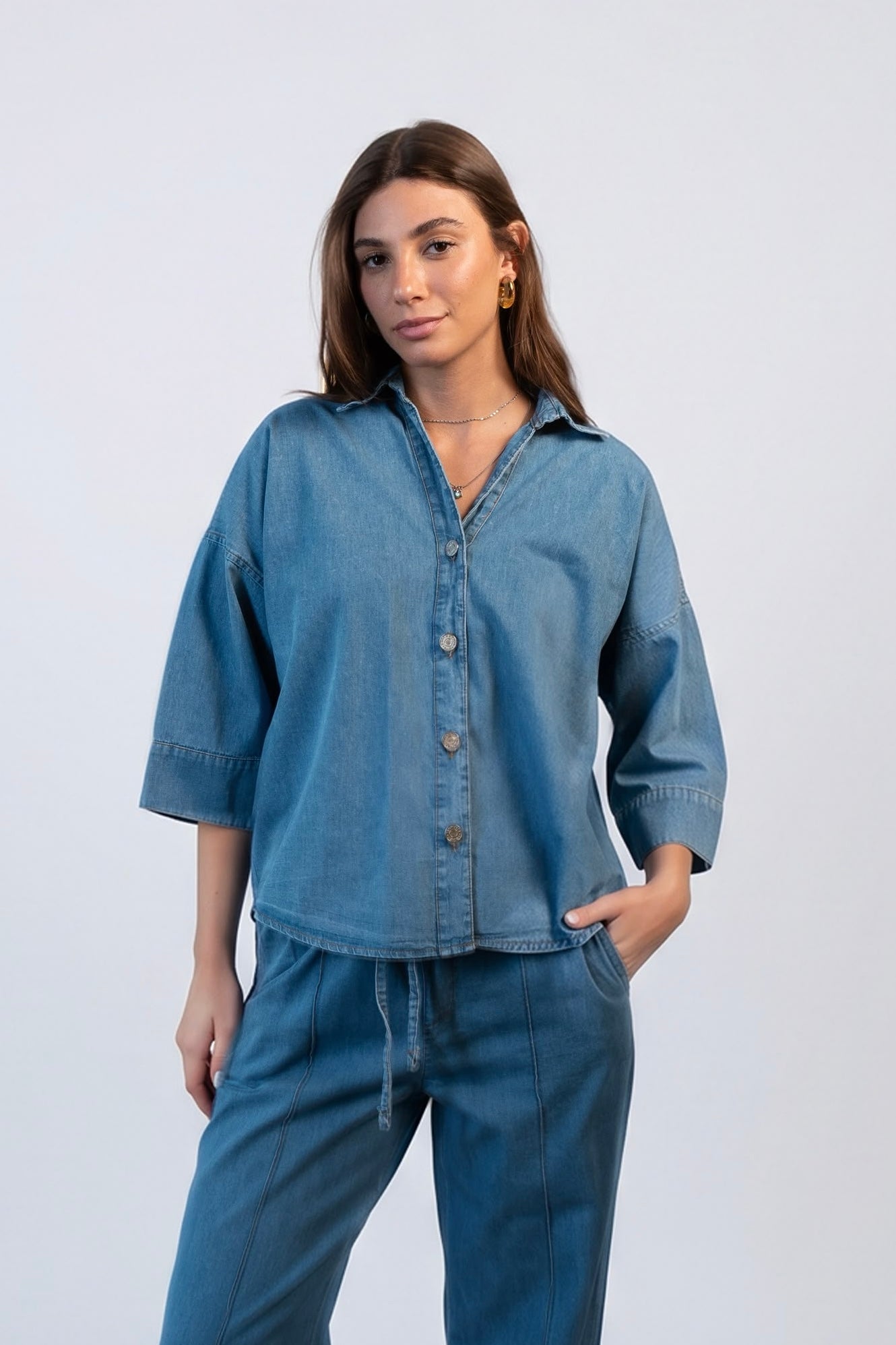 Wide Sleeve Denim Shirt - Light Blue