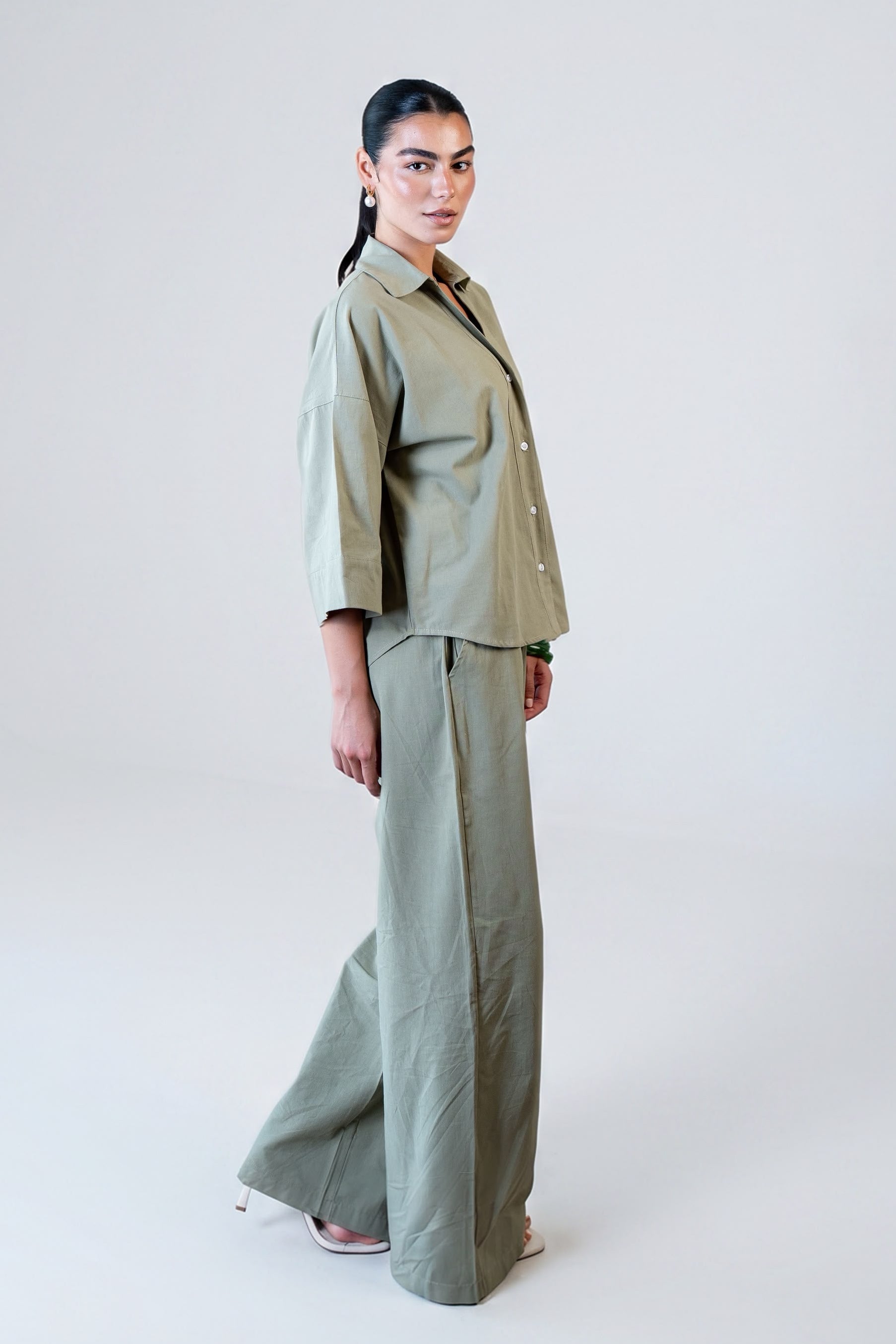 Wide Sleeve Linen Chemise -Olive