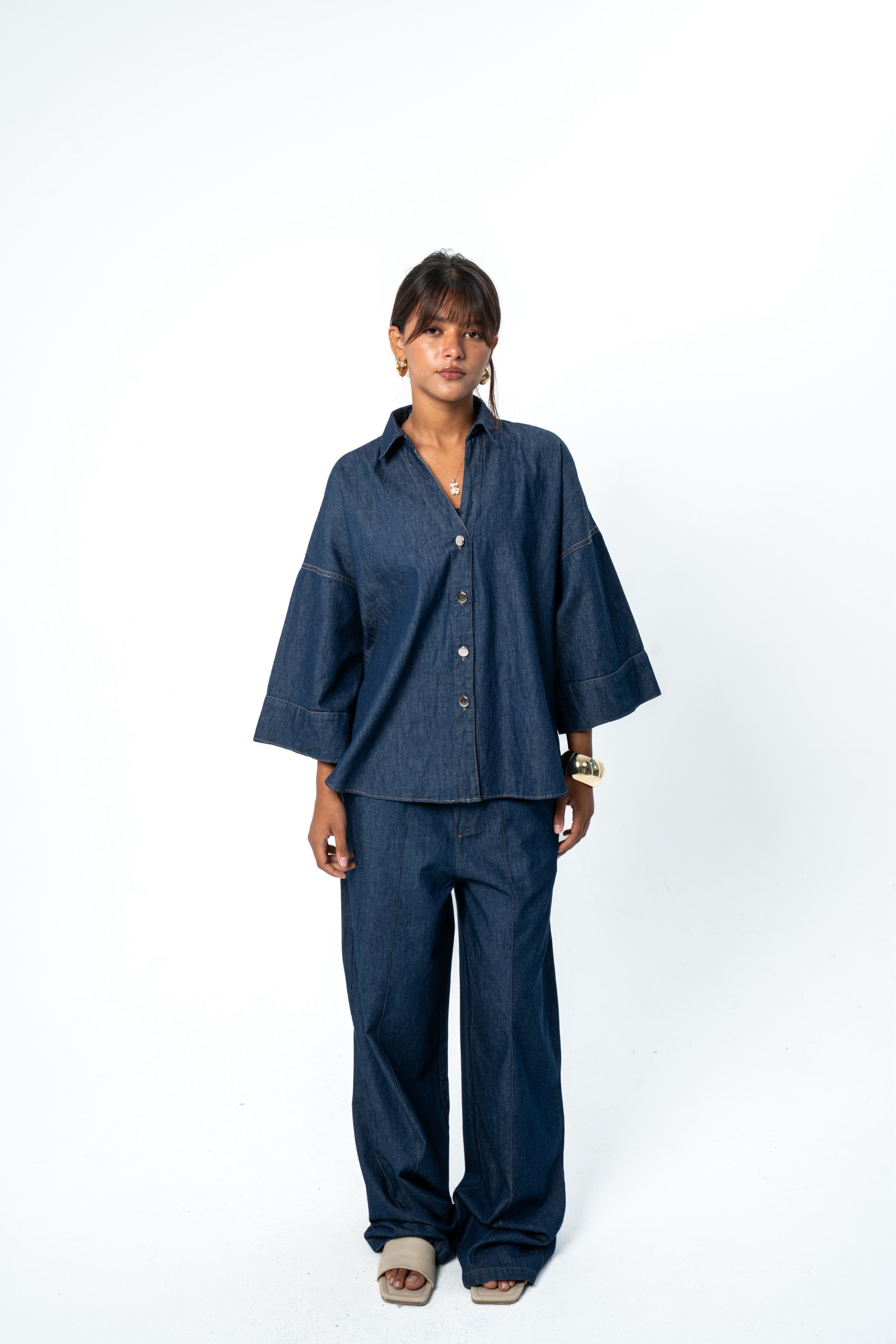 High Waist Wide Leg Denim - Dark Blue
