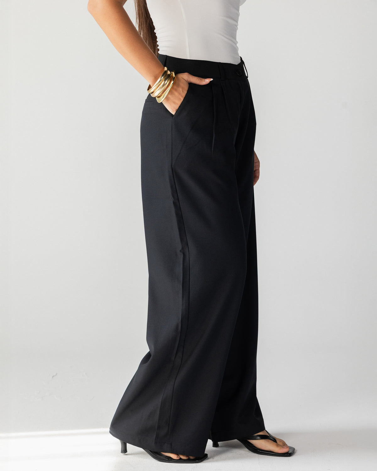 Wide Leg Tailored Pants-Black