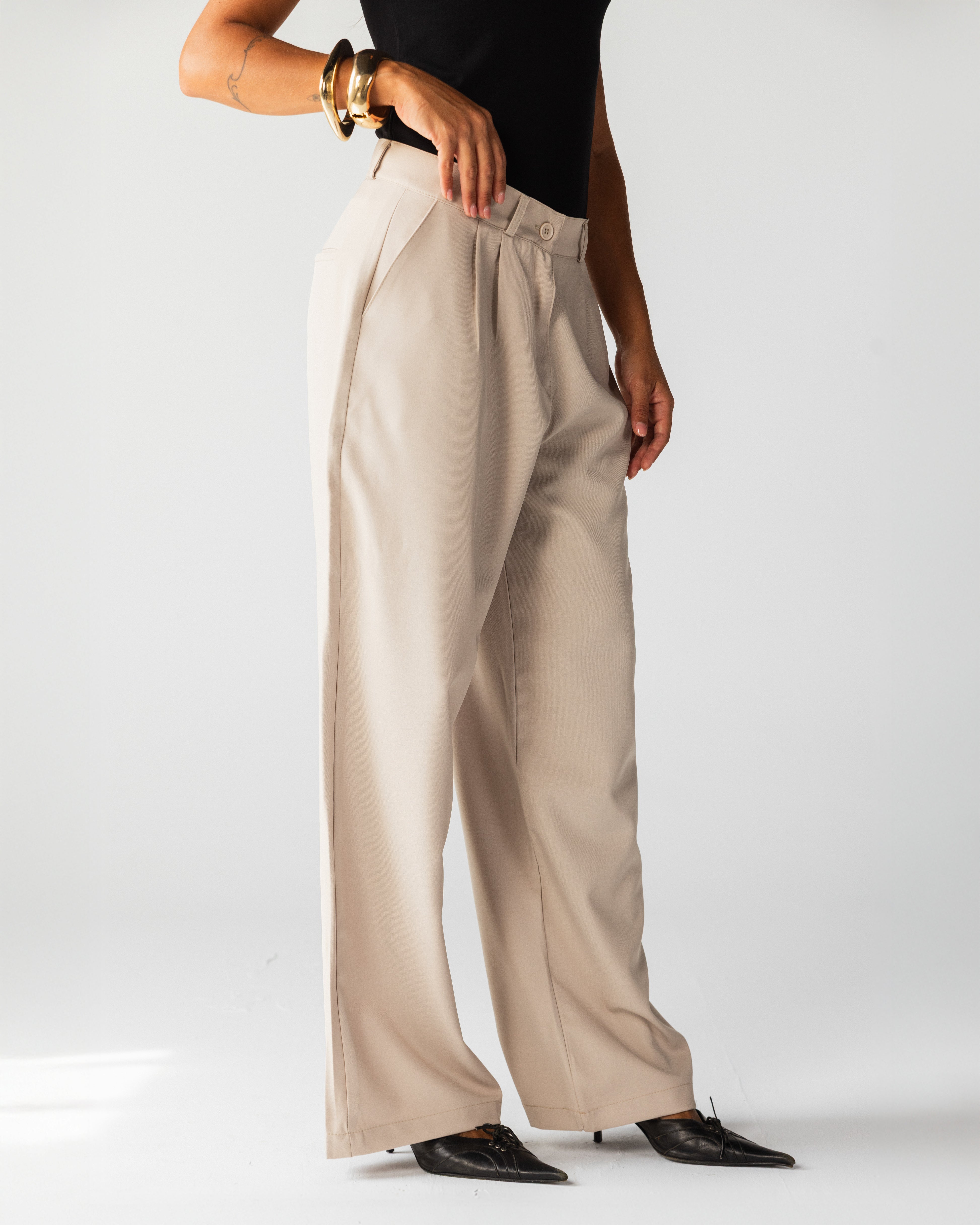 Wide Leg Tailored Pants- Beige