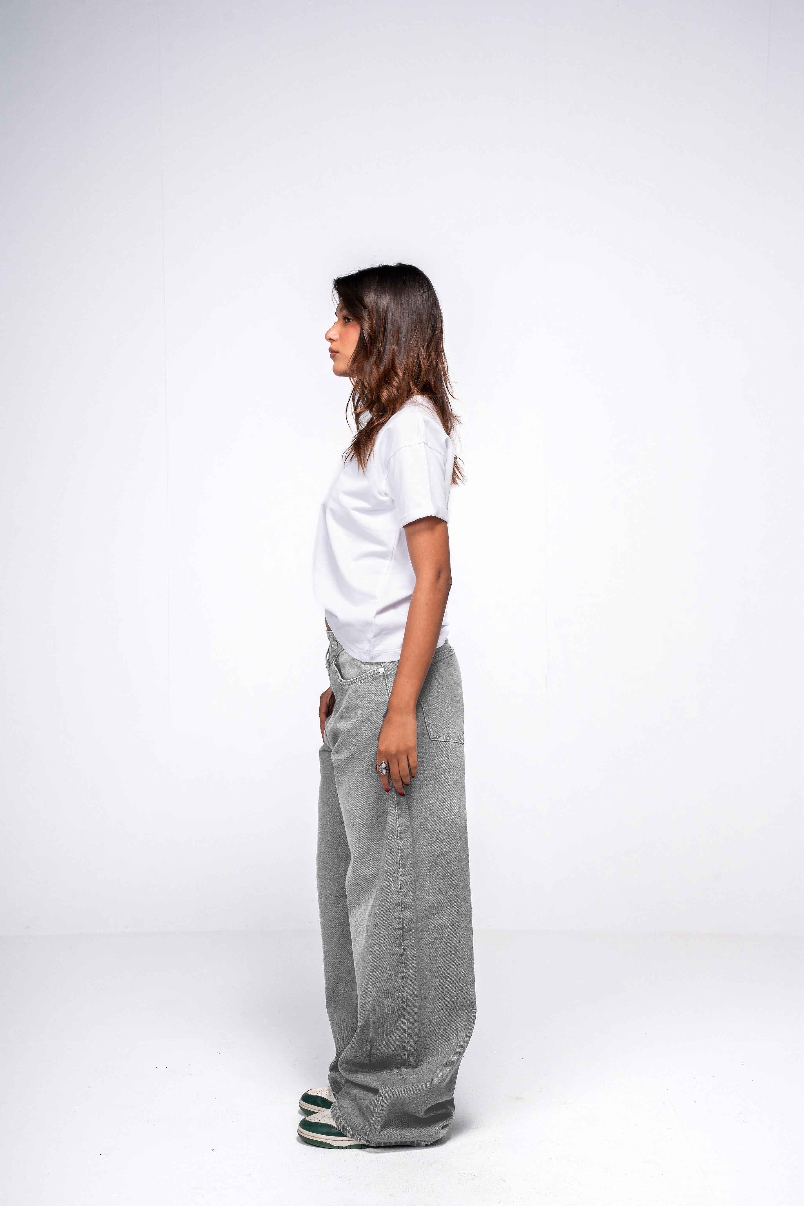Wide-Leg Crossover Waist Jeans -grey