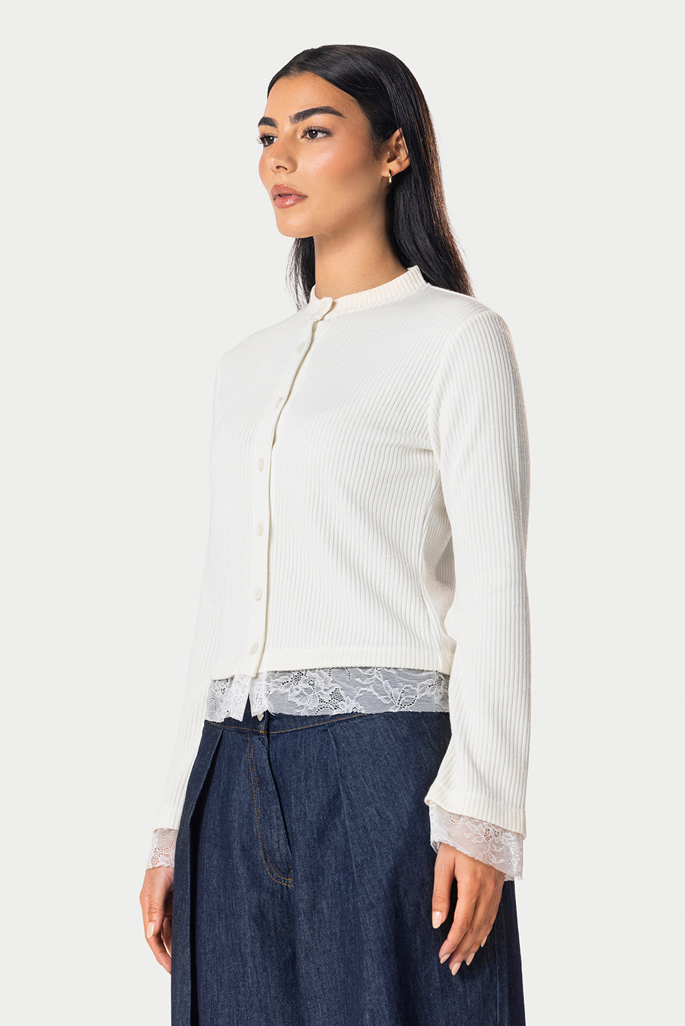 Long sleeve lace buttons top – Off white – photo 2