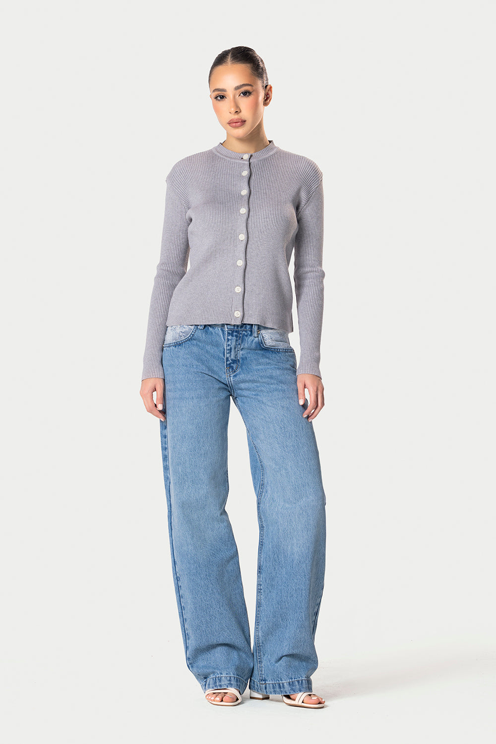 Knitted Ribbed Button Cardigan – Grey – photo 7