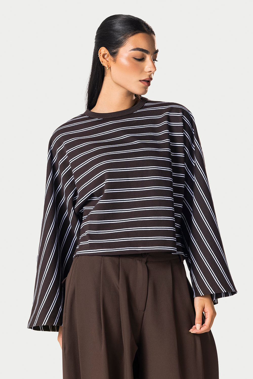Wide Sleeve Striped Tee – Brown – photo 3