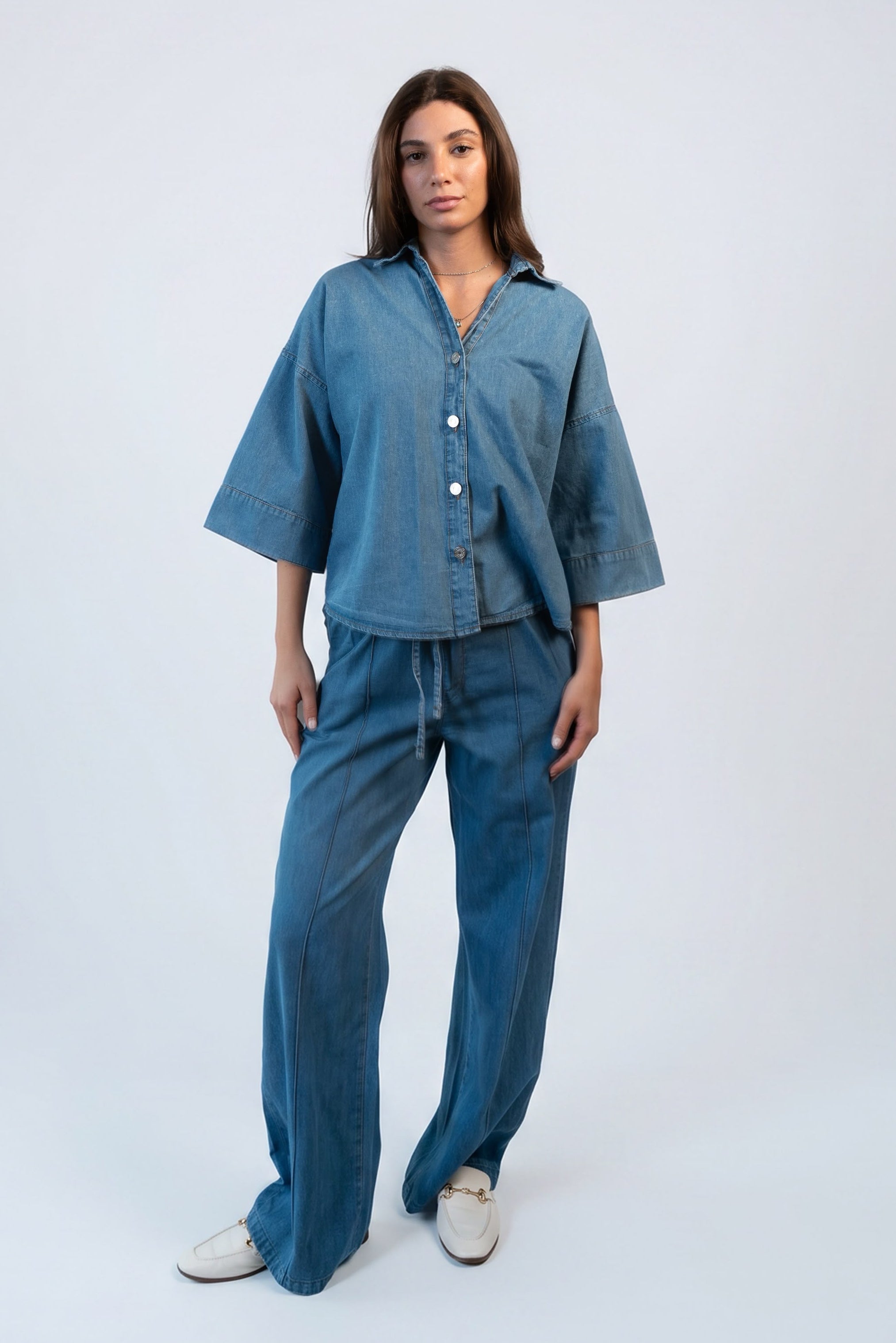 Wide Sleeve Denim Shirt - Light Blue