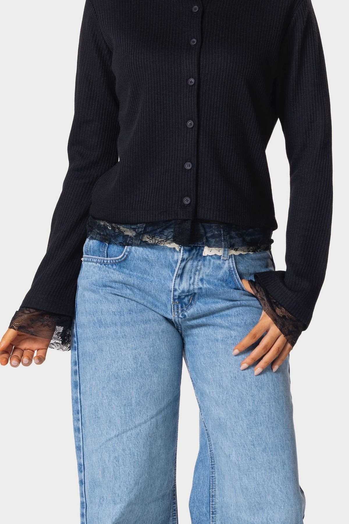 Long sleeve lace buttons top – Black – photo 5