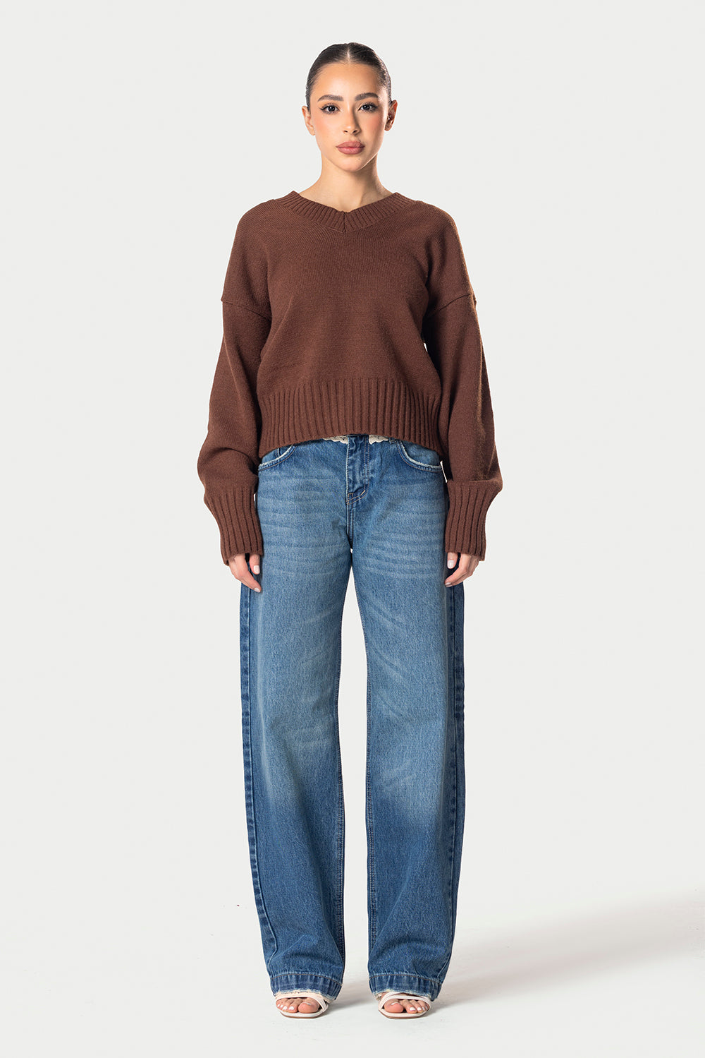 V-Neck Knitted Sweater – Brown – photo 5