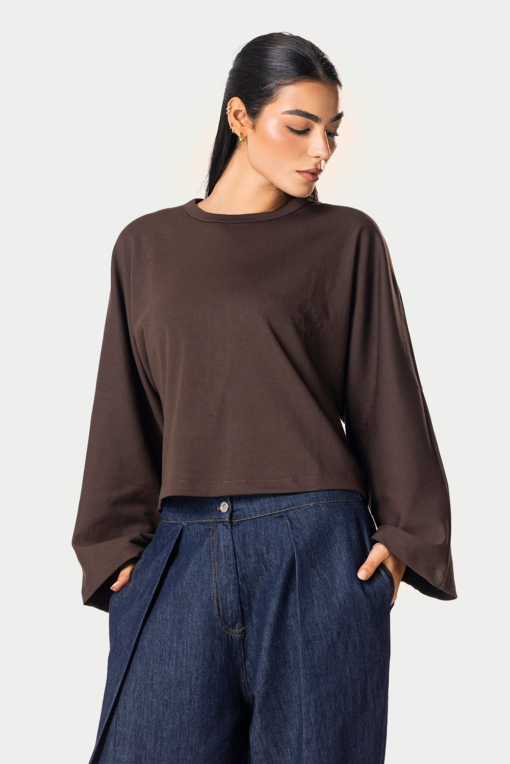 Wide Sleeve Cotton Tee – Brown – photo 2