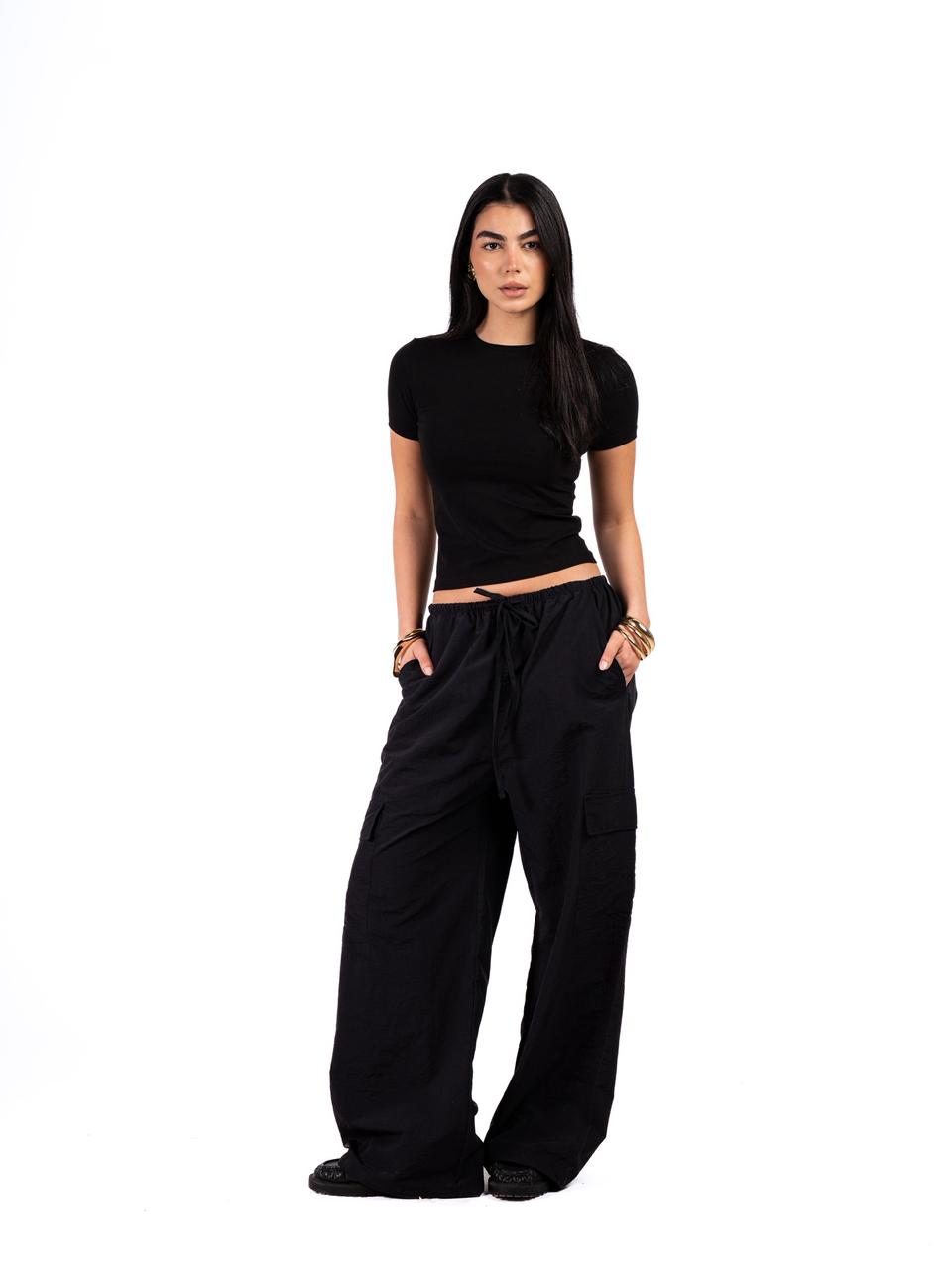 Wide Leg Parachute Pants - Black