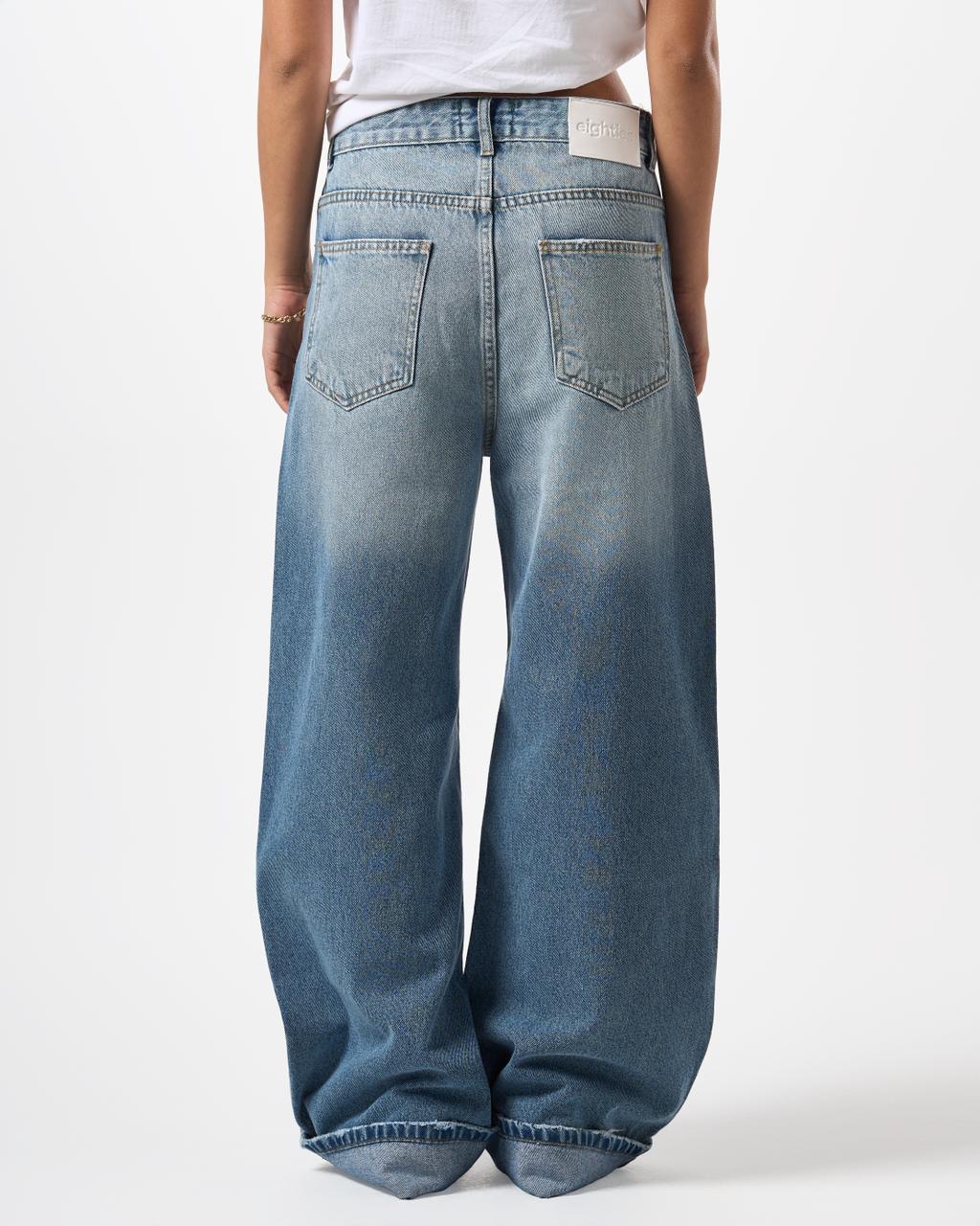 Baggy Folded Mid-Waist Jeans - light blue
