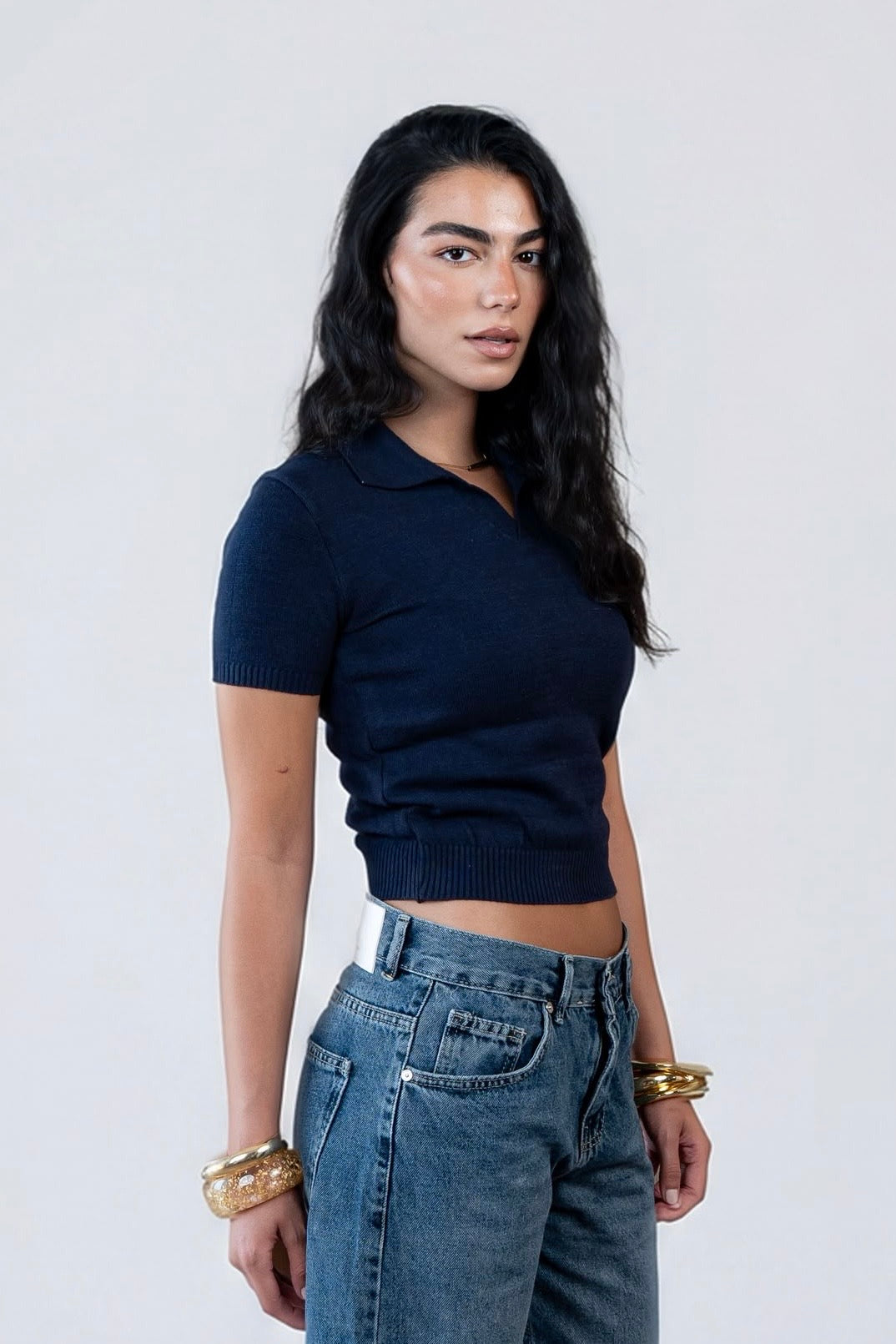 V-Neck Knitted Polo - Navy Blue