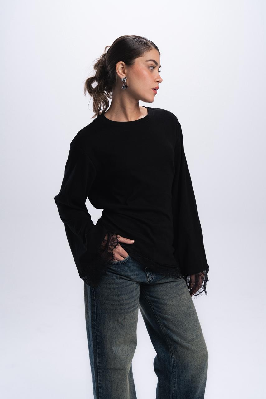 Long Sleeve Back tie lace Tee - Black