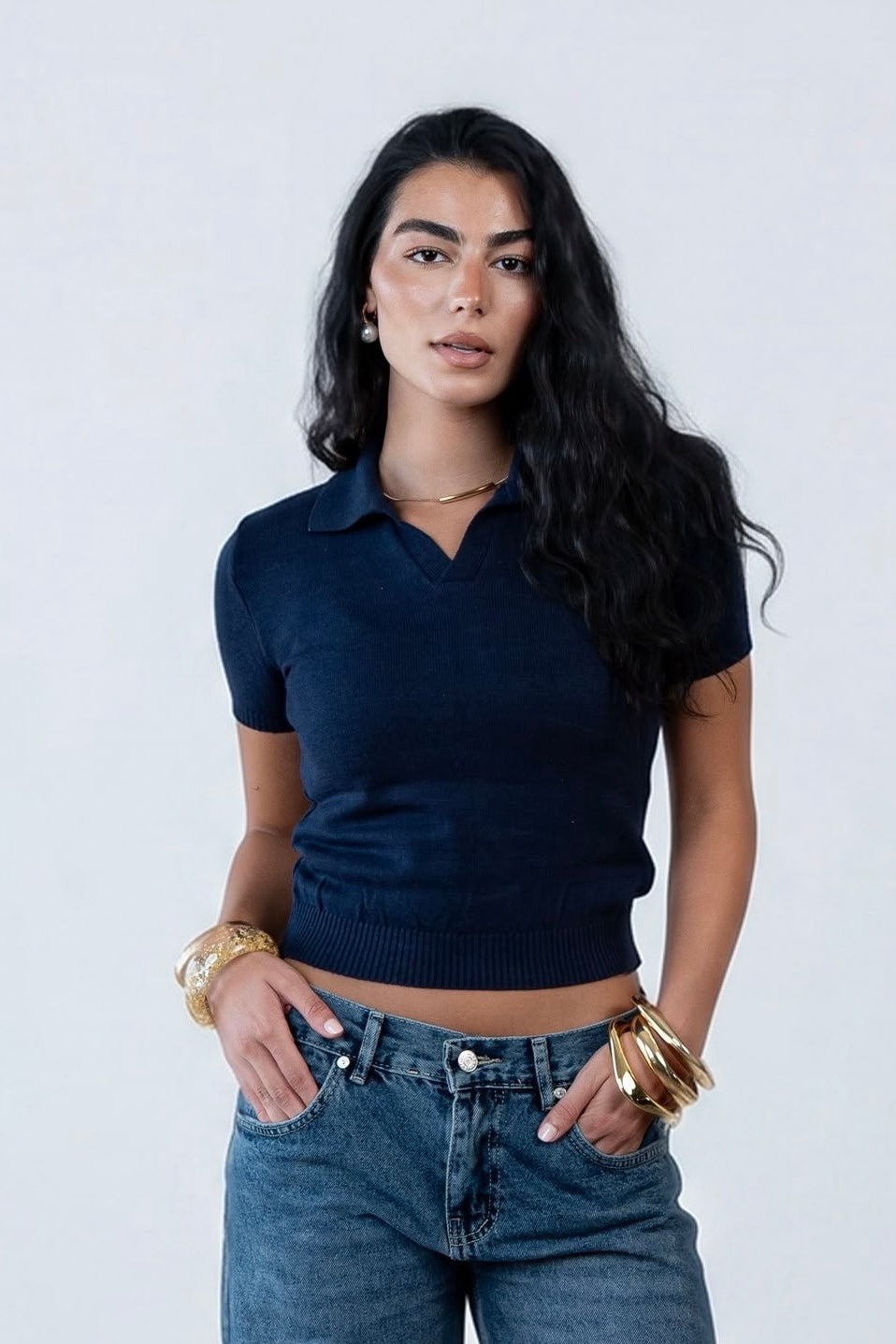 V-Neck Knitted Polo - Navy Blue