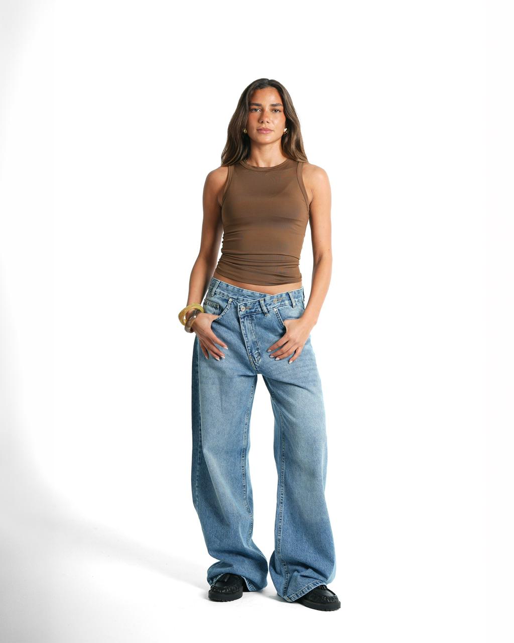 Cross-over waist wide leg jeans - Sky blue