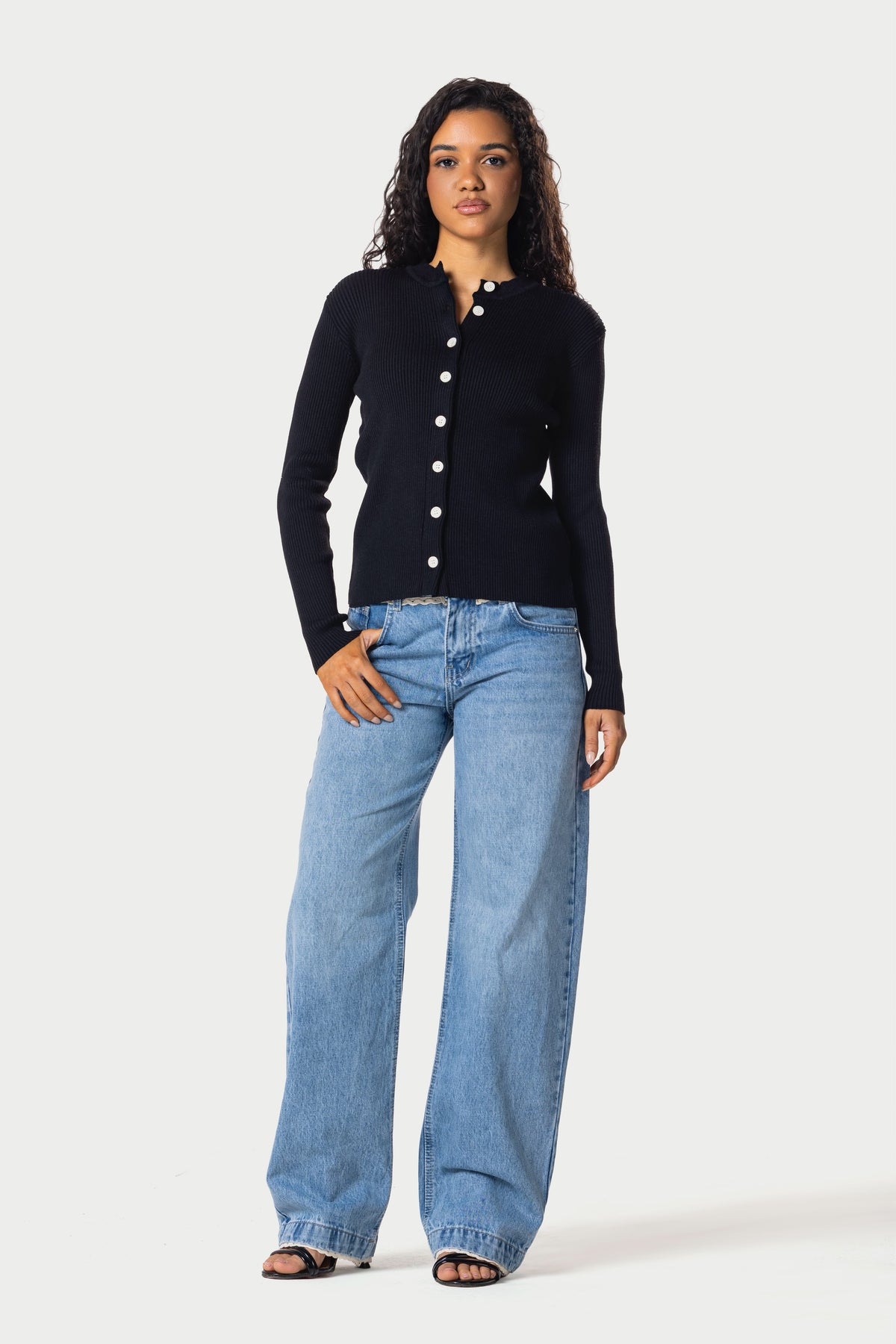 Knitted Ribbed Button Cardigan – Black – photo 4