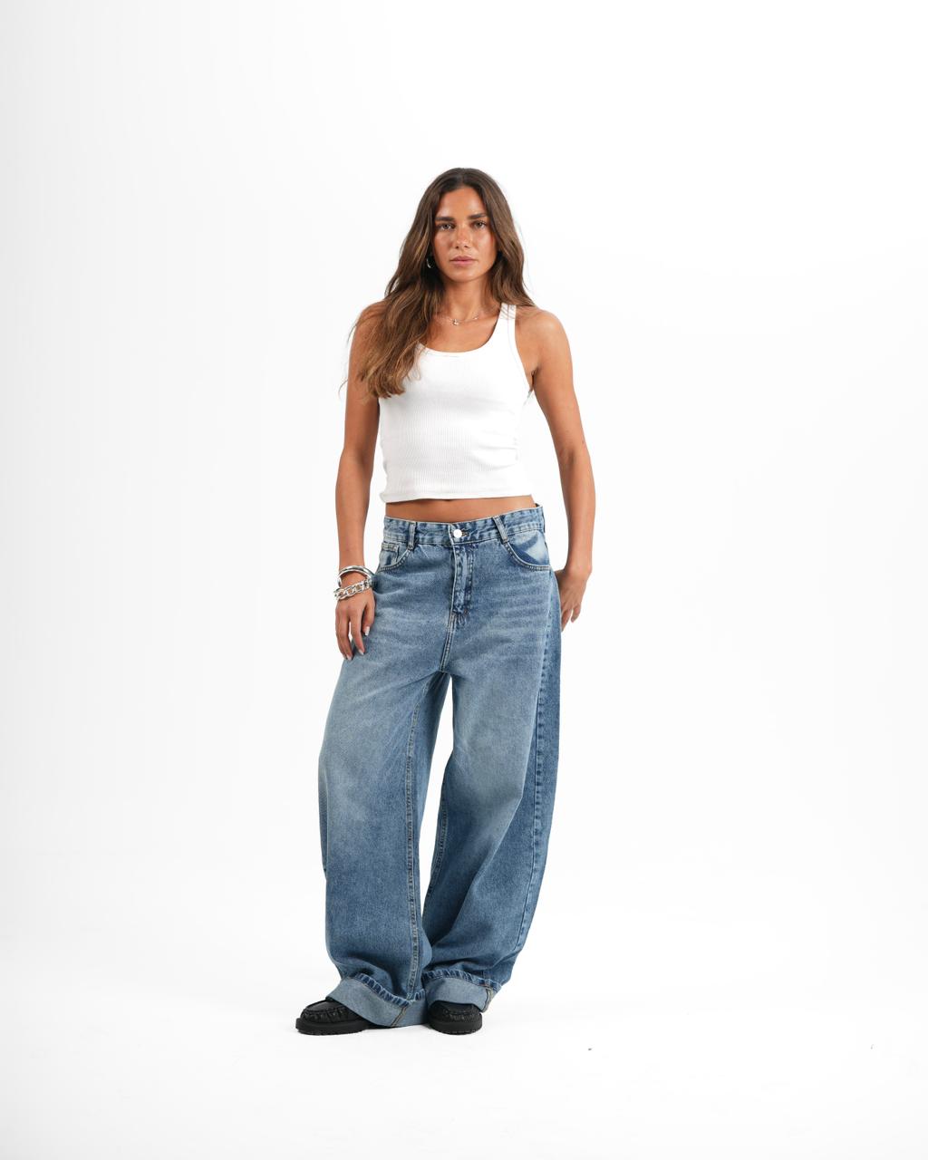 Baggy Folded Mid-Waist Jeans - light blue