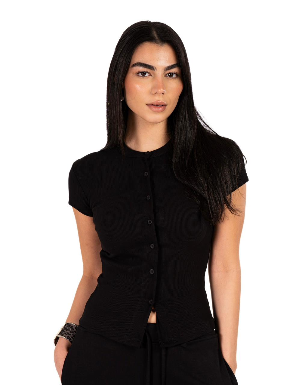 Short Sleeve buttons top - Black