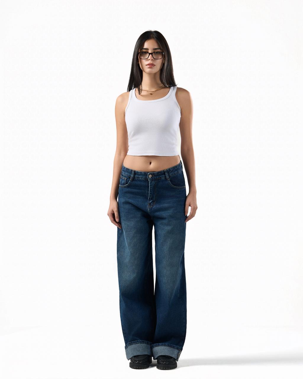 Baggy Folded Mid-Waist Jeans - Blue