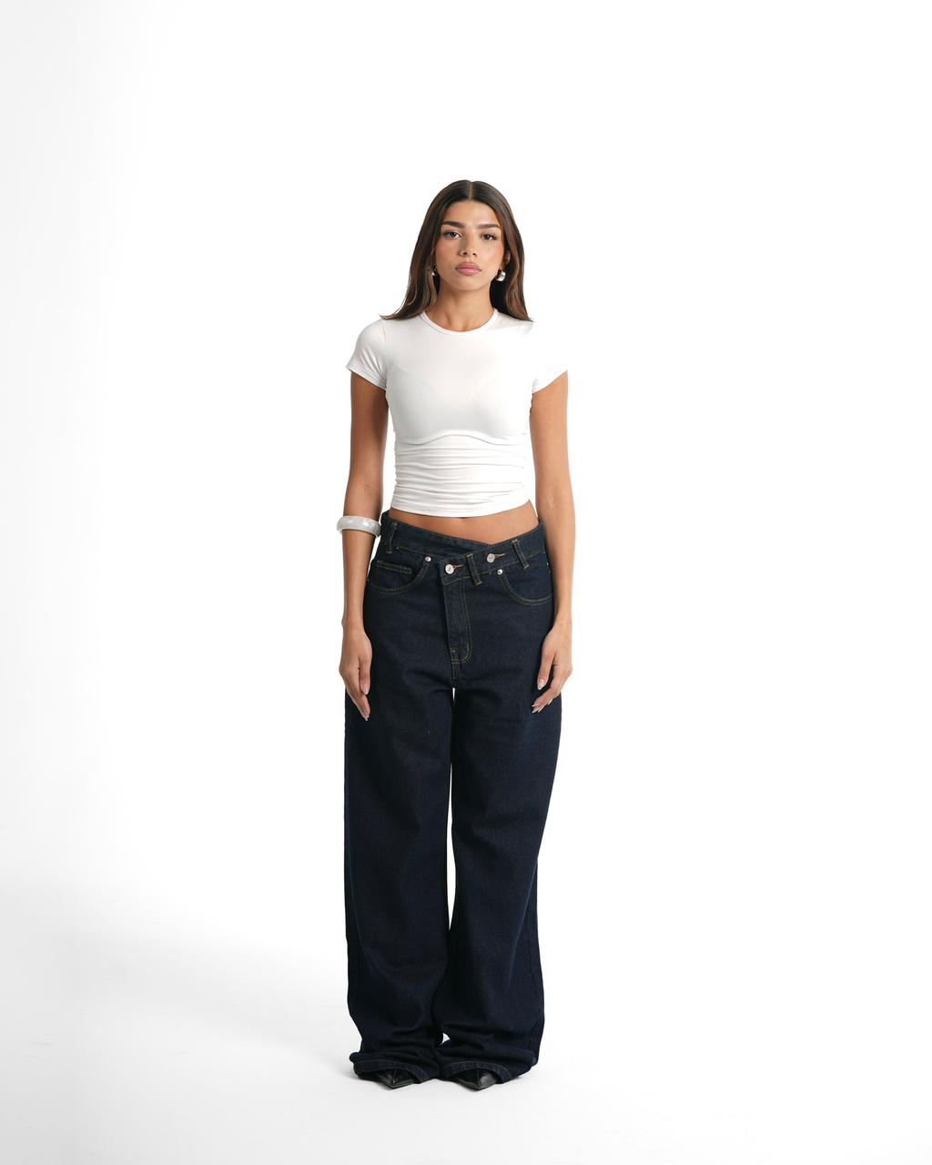 Cross-over waist wide leg jeans - Dark blue