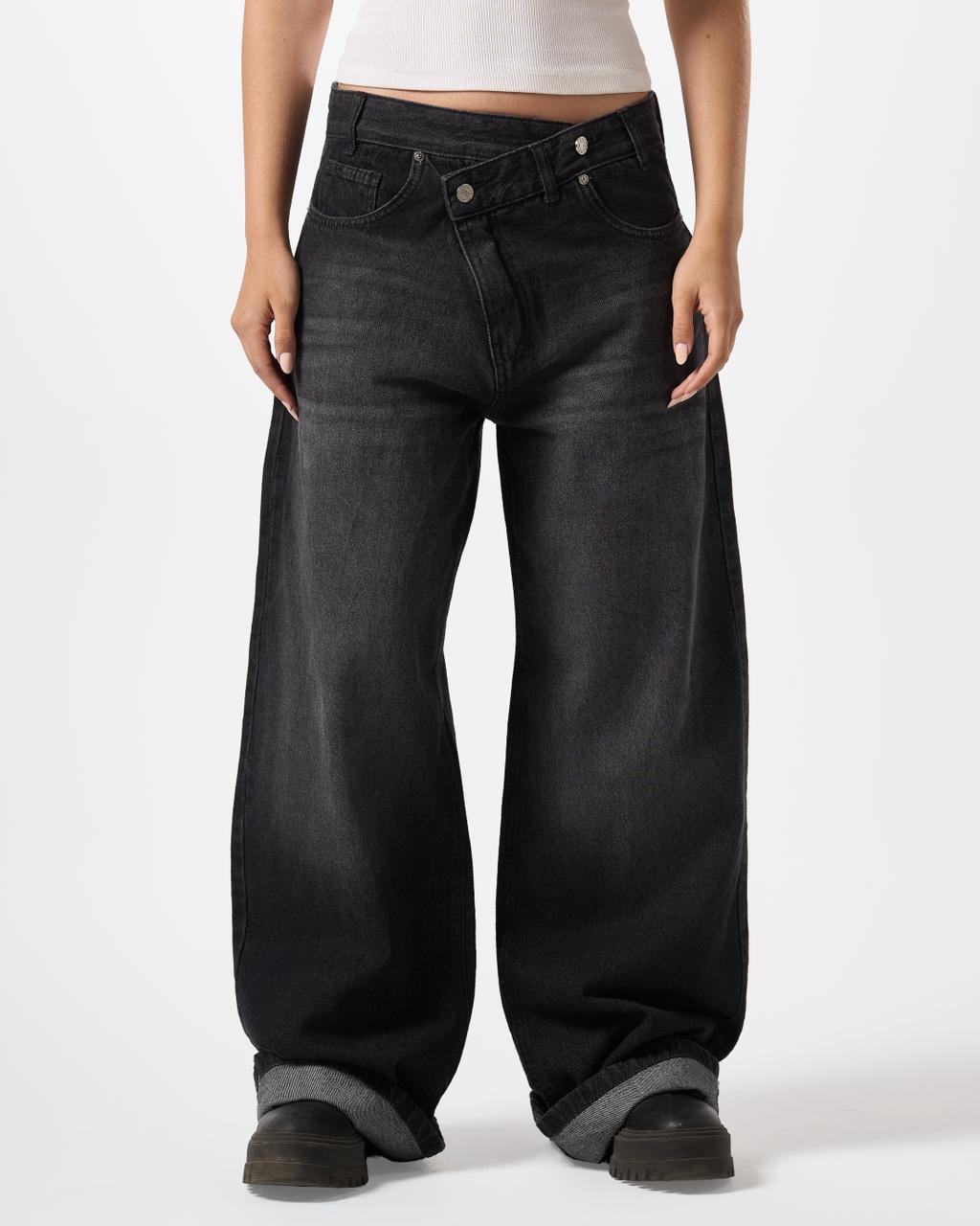 Wide-Leg Crossover Waist Jeans - Dirty black