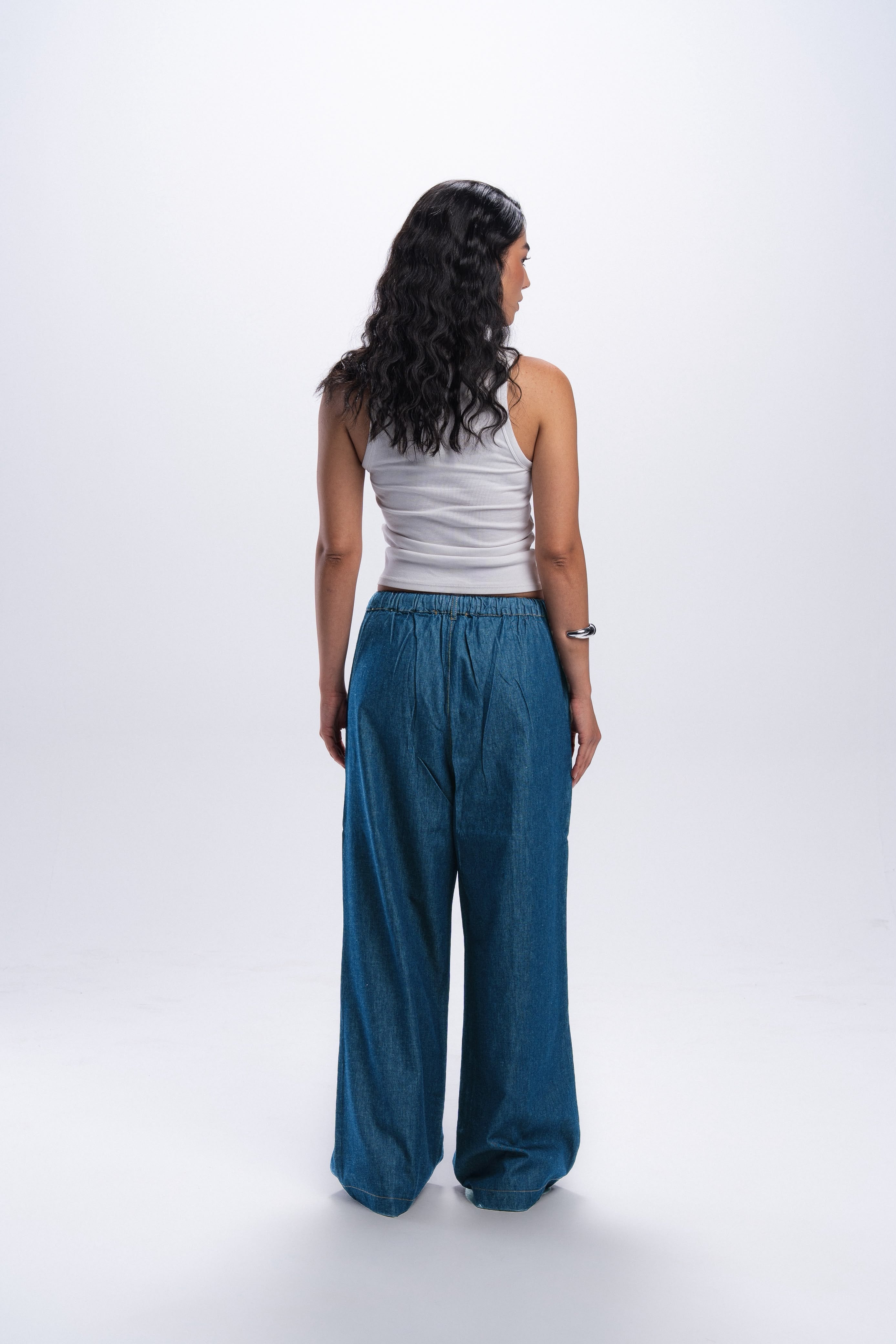 High Waist Wide Leg Denim Pants - Light Blue