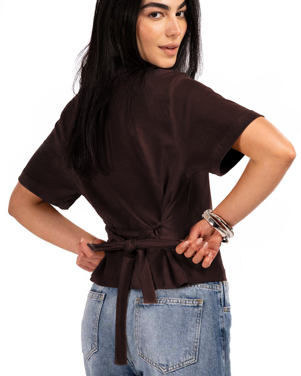Short Sleeve Back-Tie Top - Brown