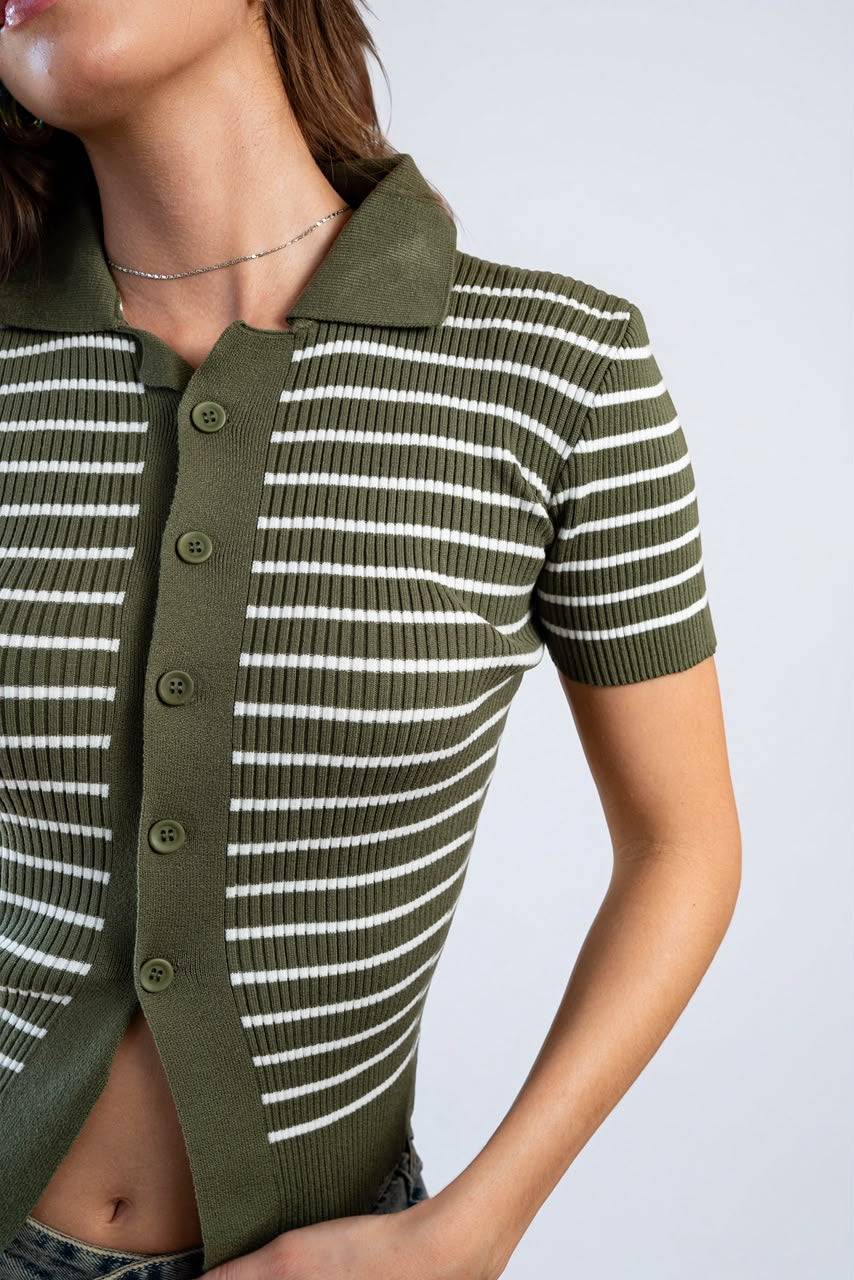 Buttoned Striped Knit Top - Olive cream