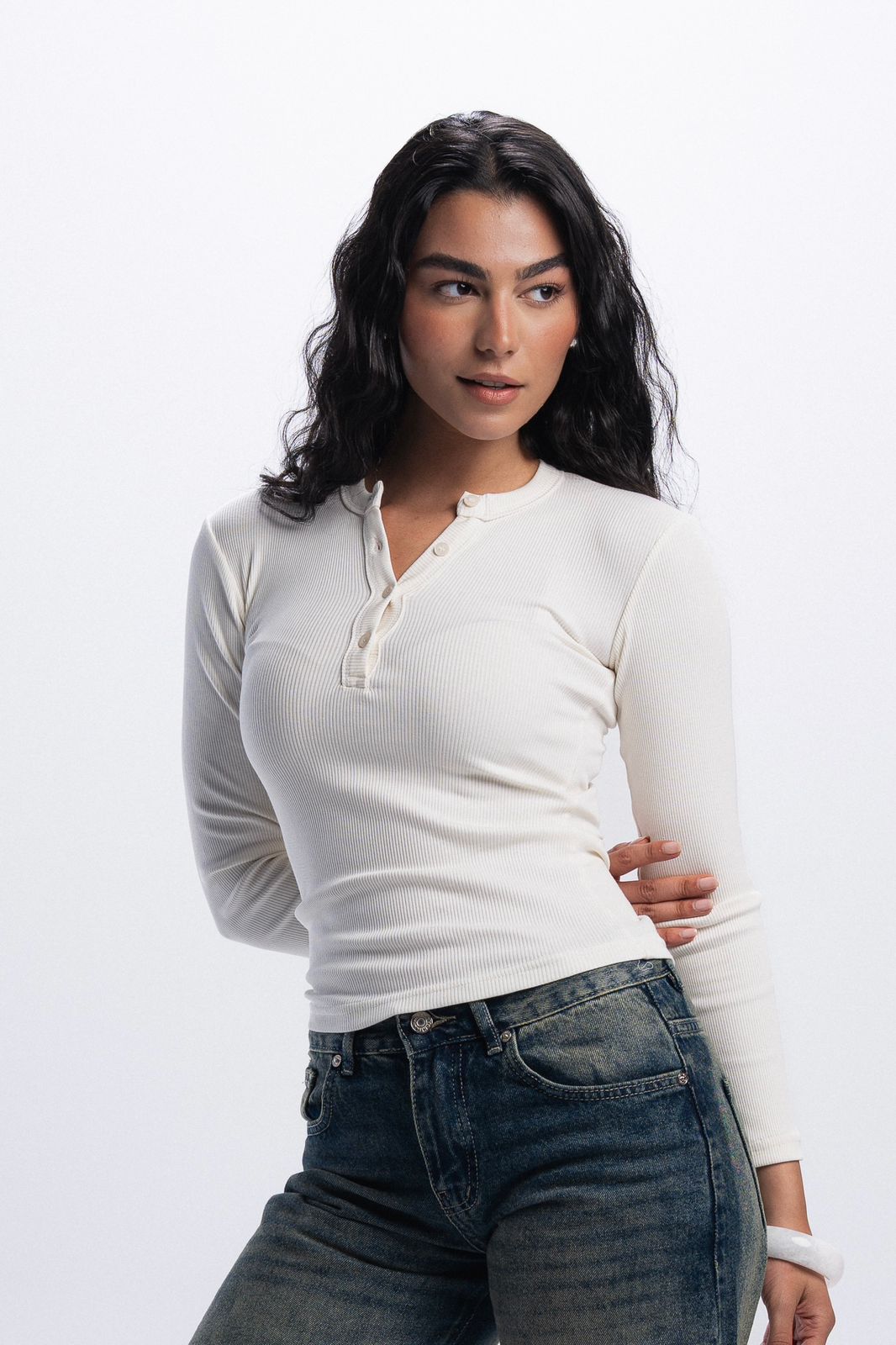 Long Sleeve buttons top - white
