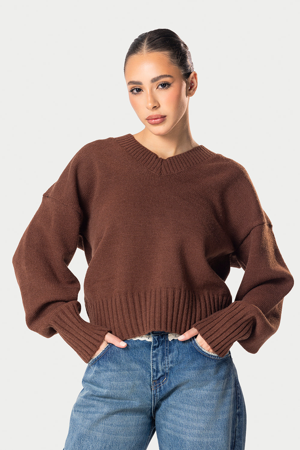 V-Neck Knitted Sweater – Brown – photo 2