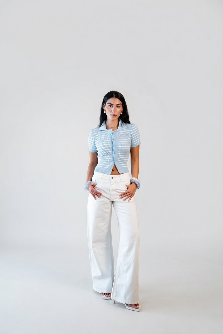 Buttoned Striped Knit Top - soft sky