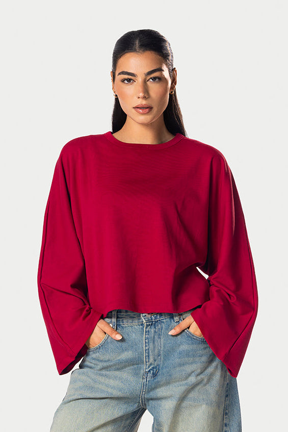 Wide Sleeve Cotton Tee – Red | Eighties