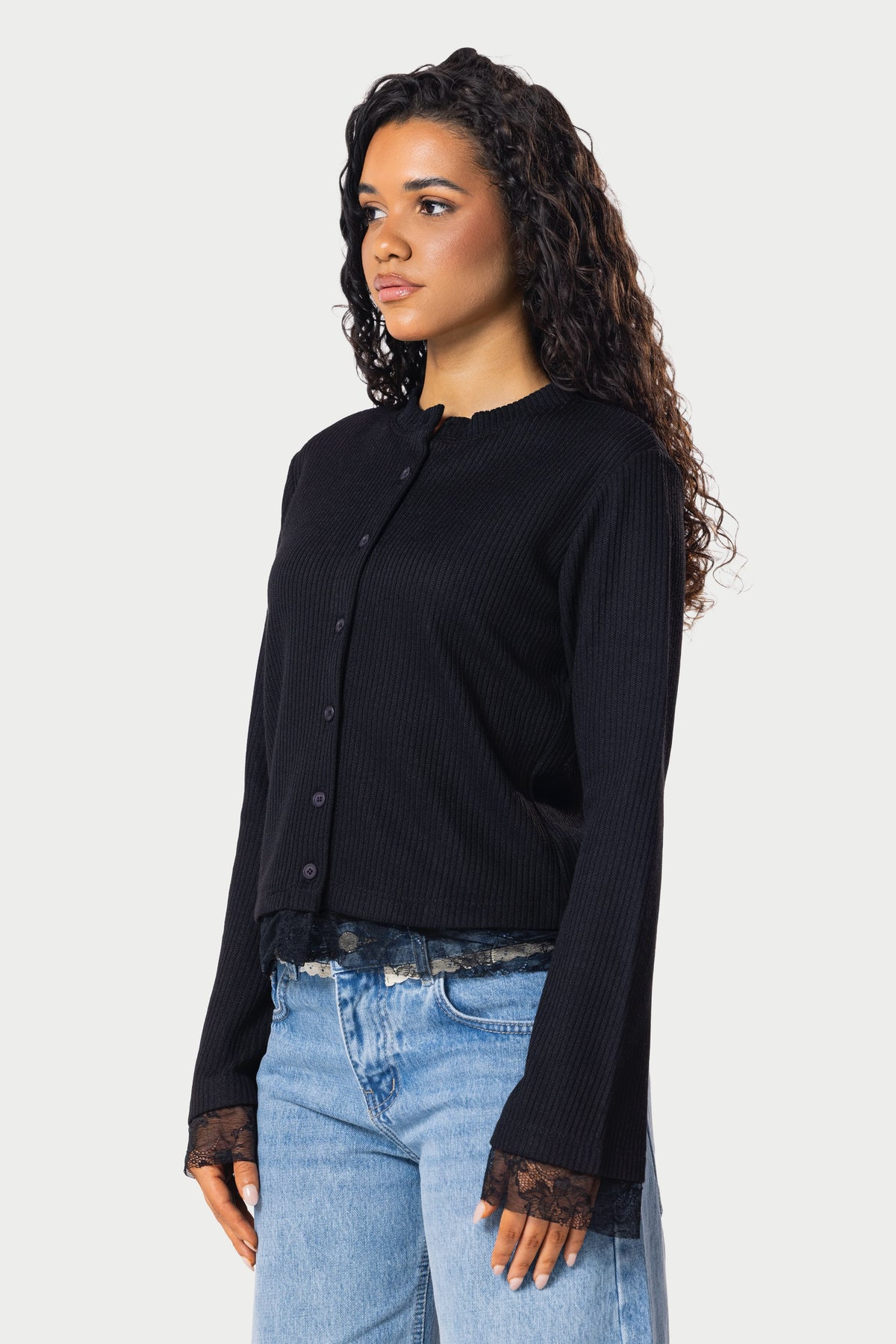 Long sleeve lace buttons top – Black – photo 2