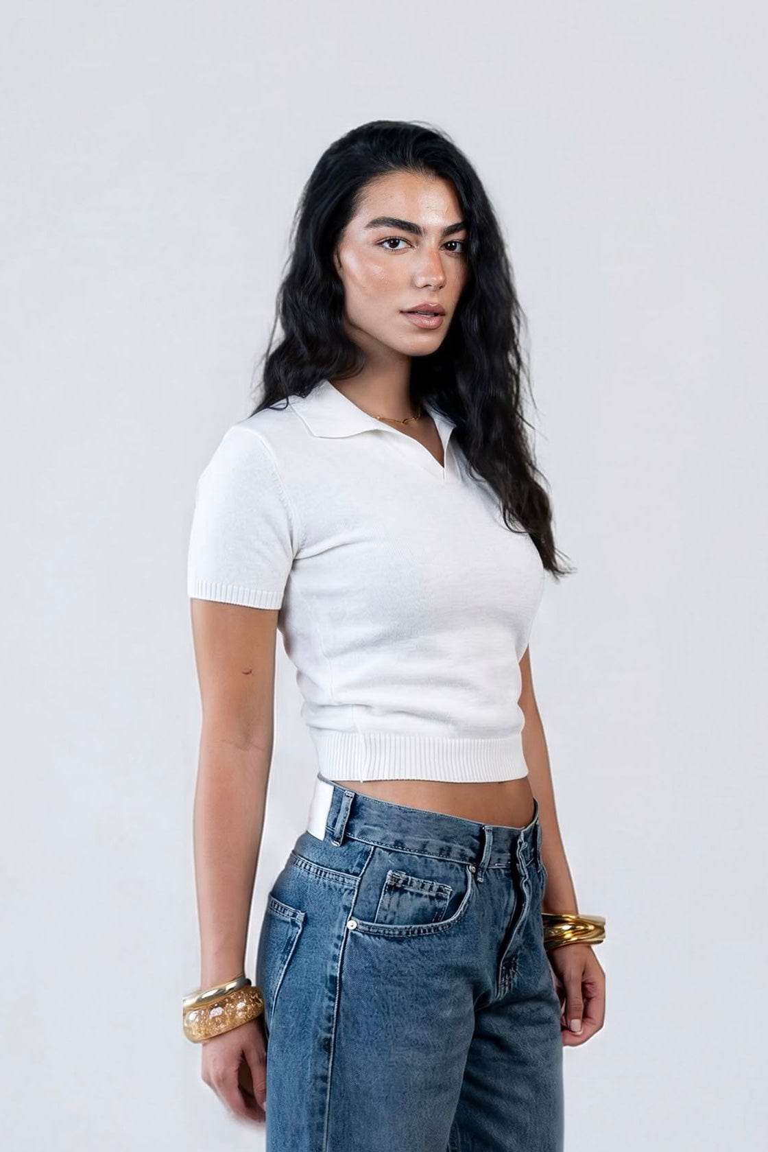 V-Neck Knitted Polo - Off White
