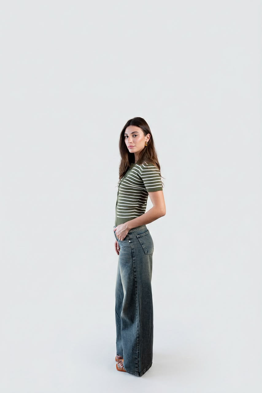 Buttoned Striped Knit Top - Olive cream