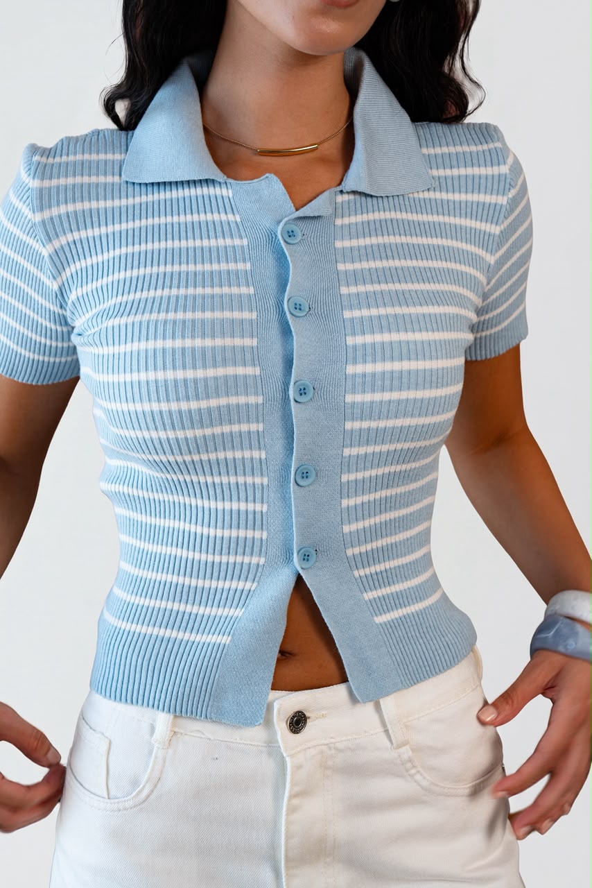 Buttoned Striped Knit Top - soft sky