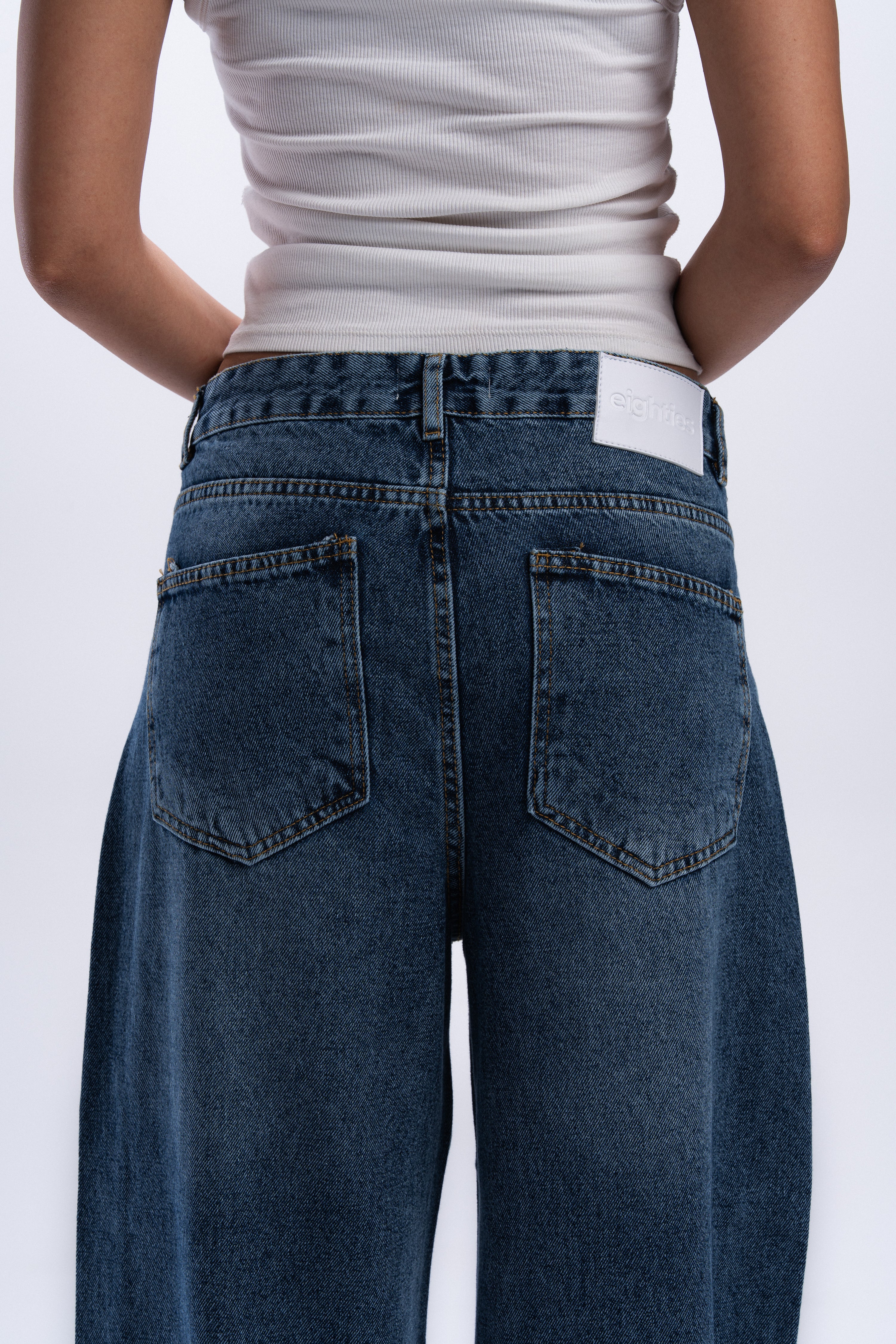 Baggy Folded Mid-Waist Jeans - Blue