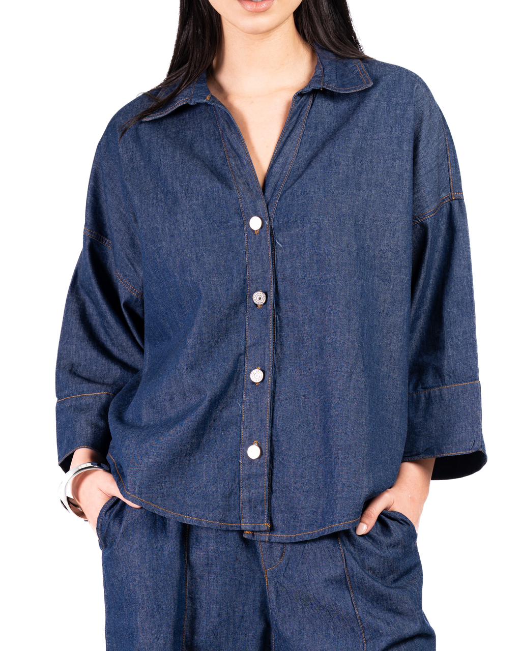 WIDE SLEEVE DENIM SHIRT - Dark Blue