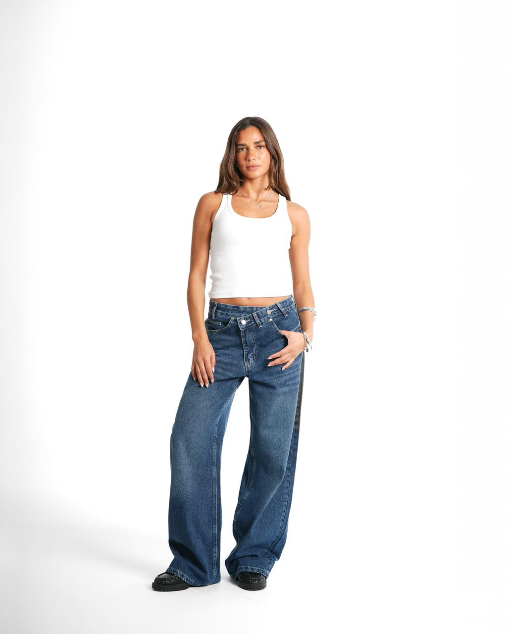 Cross-over waist wide leg jeans
- Blue
