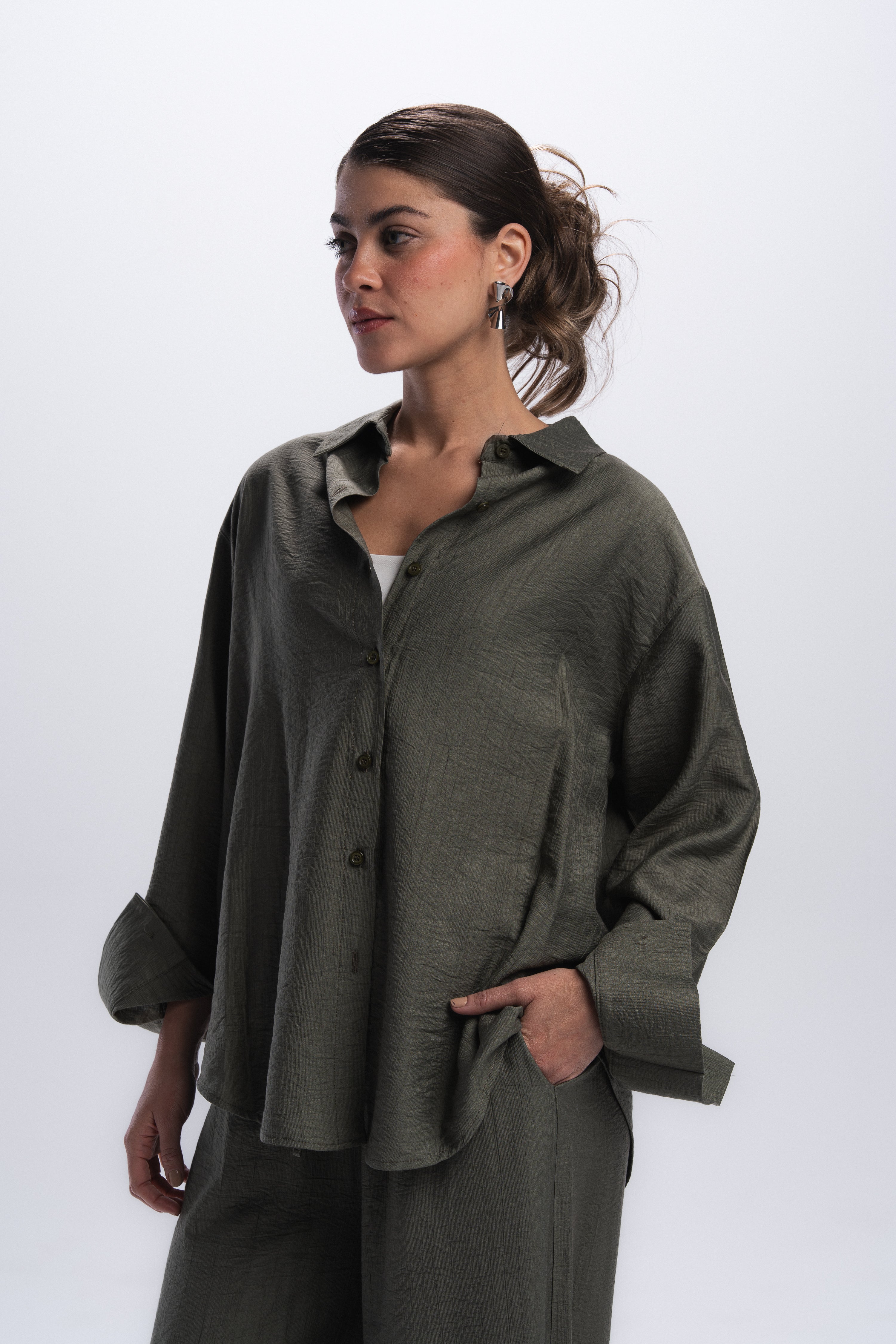 Crinkle Linen Chemise - Olive