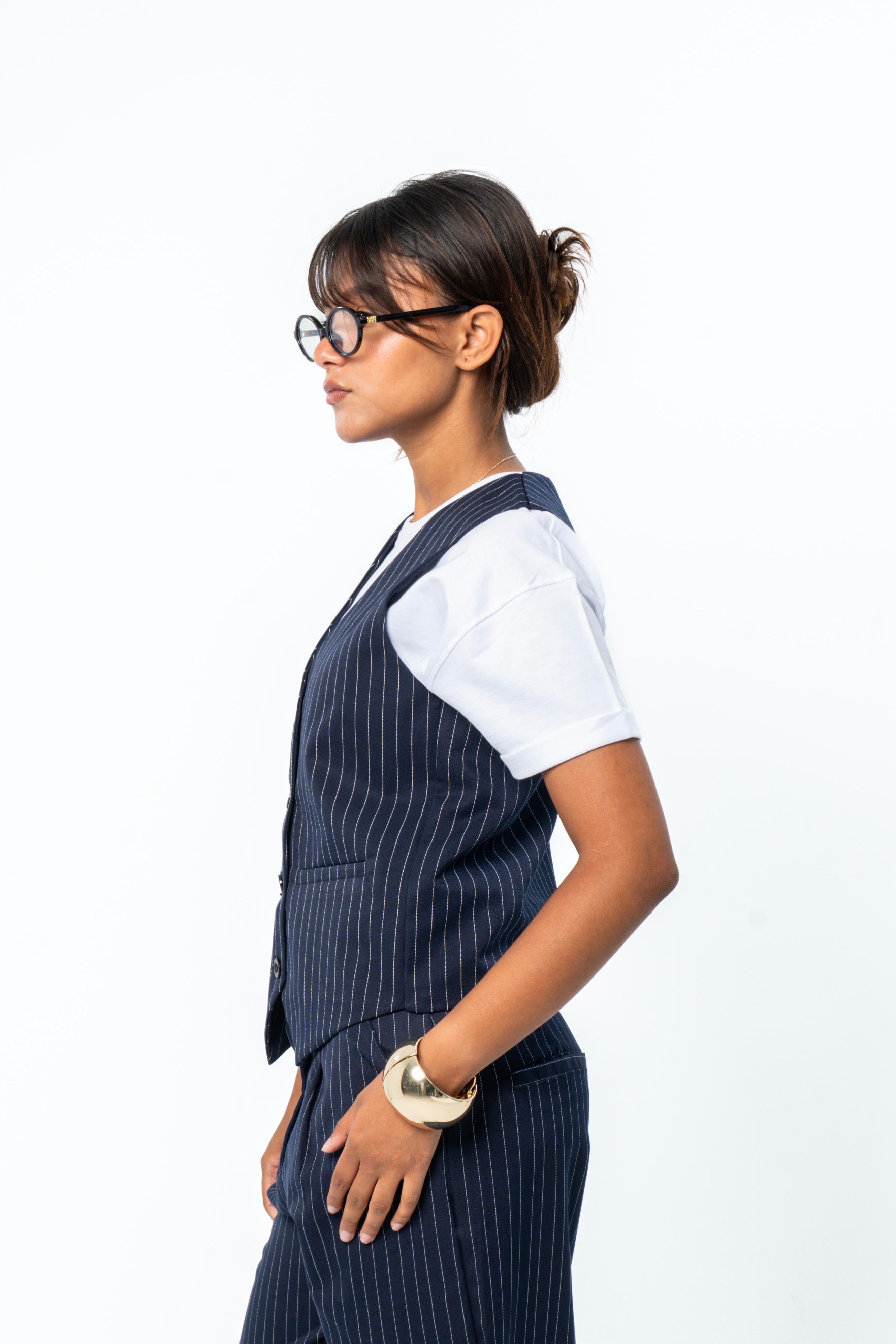 Pinstriped Classic Vest - Dark Blue